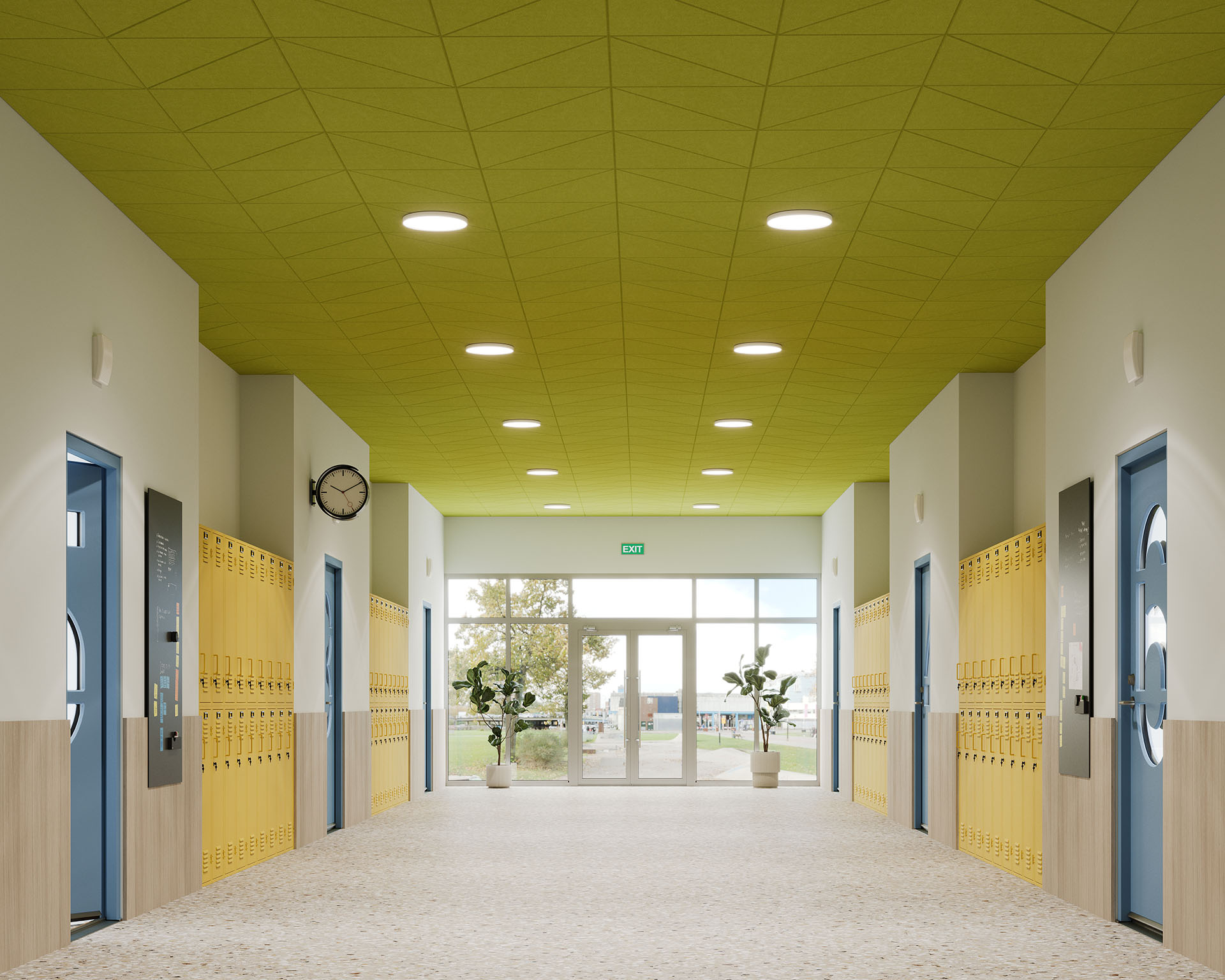 A brightly lit school hallway features acoustic felt ceiling panels in a patterned green, rows of yellow lockers on both sides, and blue doors. A clock hangs on the wall. Two potted plants are near the entrance, revealing a glimpse of the outdoors.