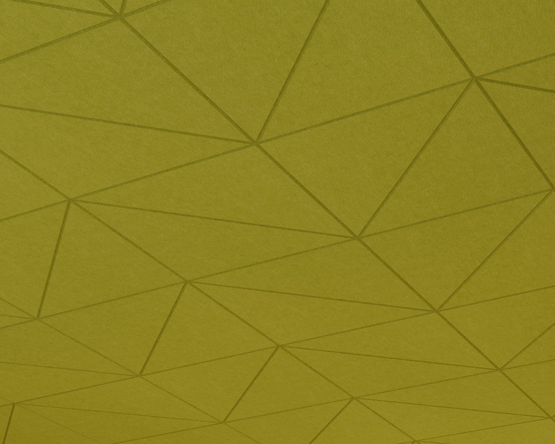 A geometric pattern of interconnected triangles covers olive green acoustic felt ceiling panels. The triangles form a grid-like design, creating a modern and structured appearance that enhances the half-fracture aesthetic with both style and function.