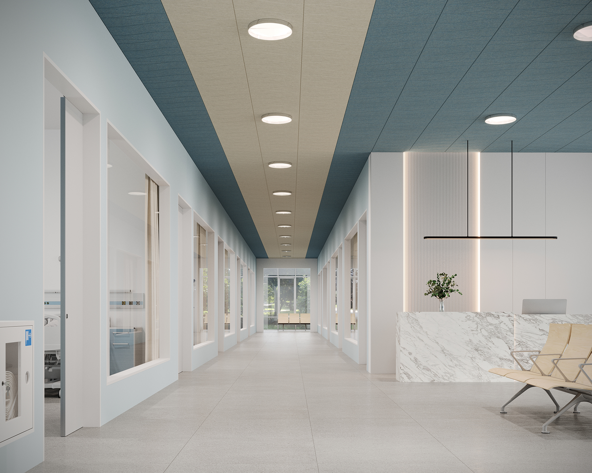 The modern office interior boasts light blue walls, recessed lighting, and a long hallway. Enhanced by an ornamental marble reception desk and minimalist decor, the space features wooden chairs beneath acoustic felt ceiling panels. Large windows flood the area with natural light.