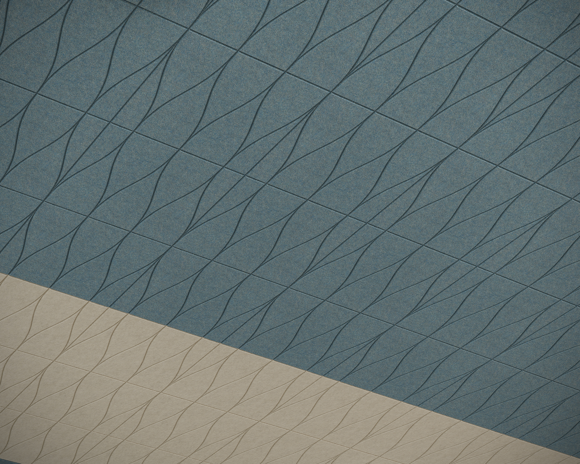 Ceiling with a pattern of intersecting diagonal lines forming diamond shapes in blue and beige acoustic felt panels. The ornamental design is enhanced by acoustic felt, with the blue section covering most of the image, while a beige strip runs across the bottom.