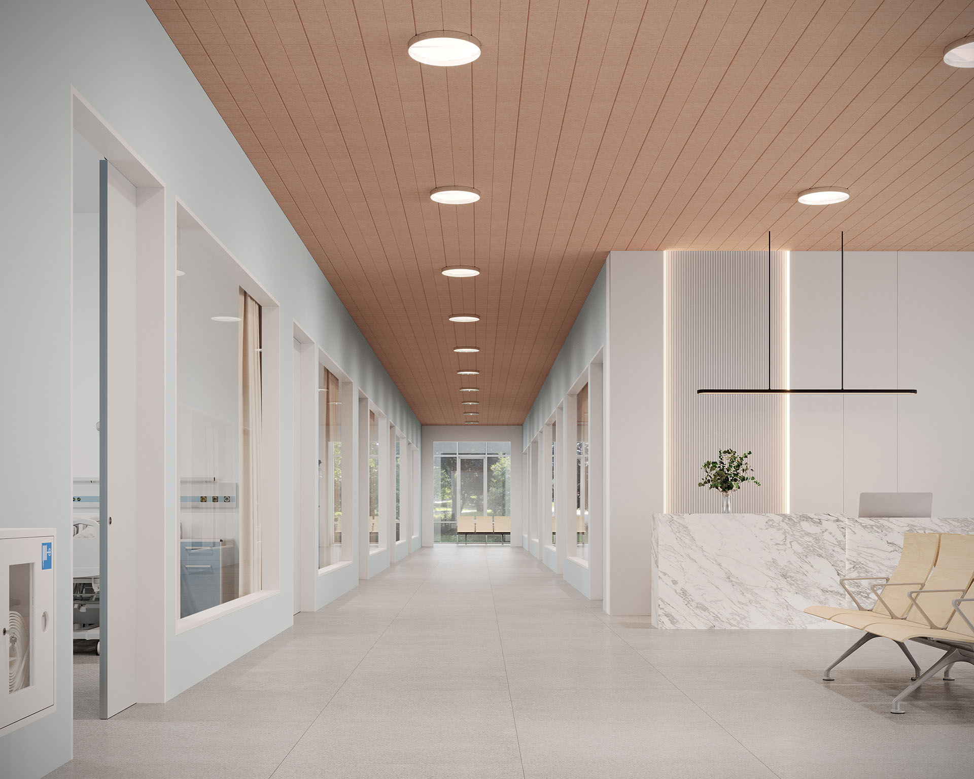 The modern office corridor features an acoustic felt ceiling with recessed lighting. Glass-walled rooms line the hallway. At the end, a reception area boasts a marble counter, a plant, and wooden chairs, with natural light filtering through windows.