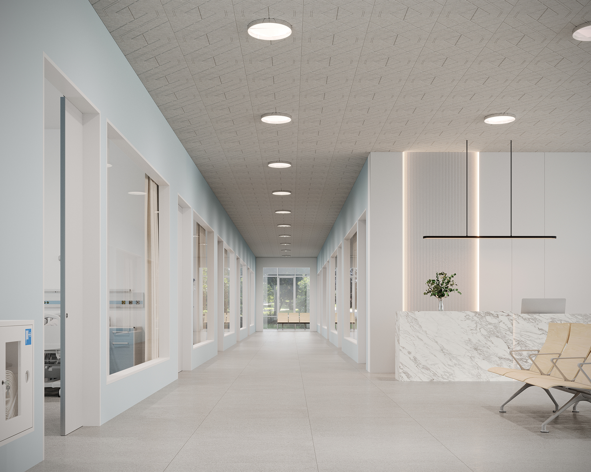A modern, minimalist hallway with light blue walls and a white ceiling adorned with quilted fracture acoustic felt panels, featuring round recessed lights. To the right is a marble reception desk with a potted plant and wooden chairs nearby. Large glass windows line the opposite wall.