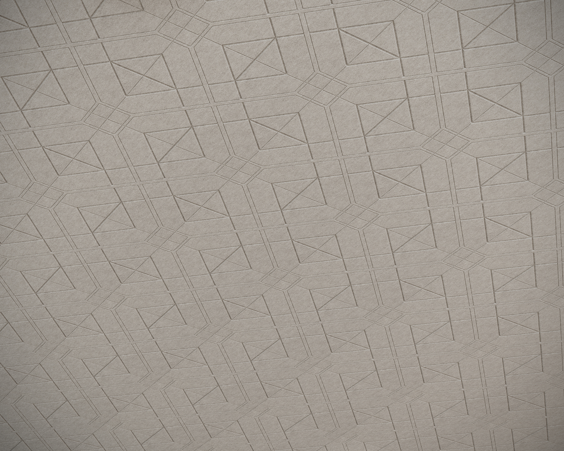 Geometric pattern on a quilted acoustic felt ceiling featuring intersecting lines forming hexagons and triangles, creating a 3D effect in neutral gray.
