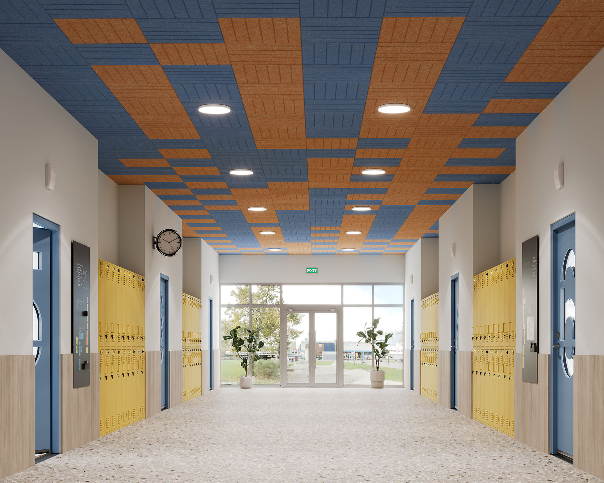 A school hallway with yellow lockers and a patterned acoustic felt ceiling. Rows of doors with blue frames line both sides. A clock is on the wall, and potted plants are near the glass exit, offering a view of trees outside.