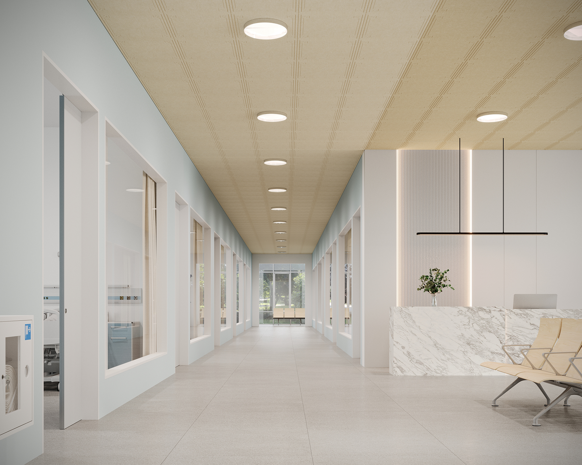 A modern, spacious corridor with recessed lighting, light blue walls, and large windows features an acoustic felt ceiling. To the right, a reception area boasts a marble counter, a plant, and wooden chairs. The gray tiled floor complements the natural light that fills the space.