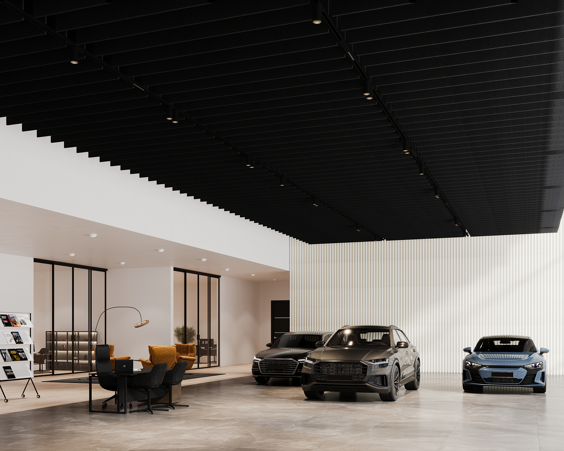 A modern car showroom with three luxury cars displayed on a shiny gray floor and acoustic felt wall panels softening the ambiance. The spacious interior features a black suspended ceiling, white walls, a seating area with a desk, two yellow chairs, and a black floor lamp.
