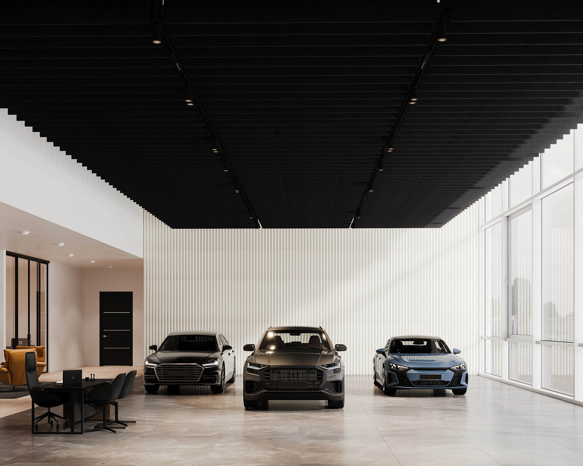 A sleek showroom with three luxury cars parked side by side. The room features a modern design, accentuated by an acoustic felt wall panel that softens the ambiance. A high black ceiling and large windows allow natural light, while a seating area with a round table and chairs sits on the left.