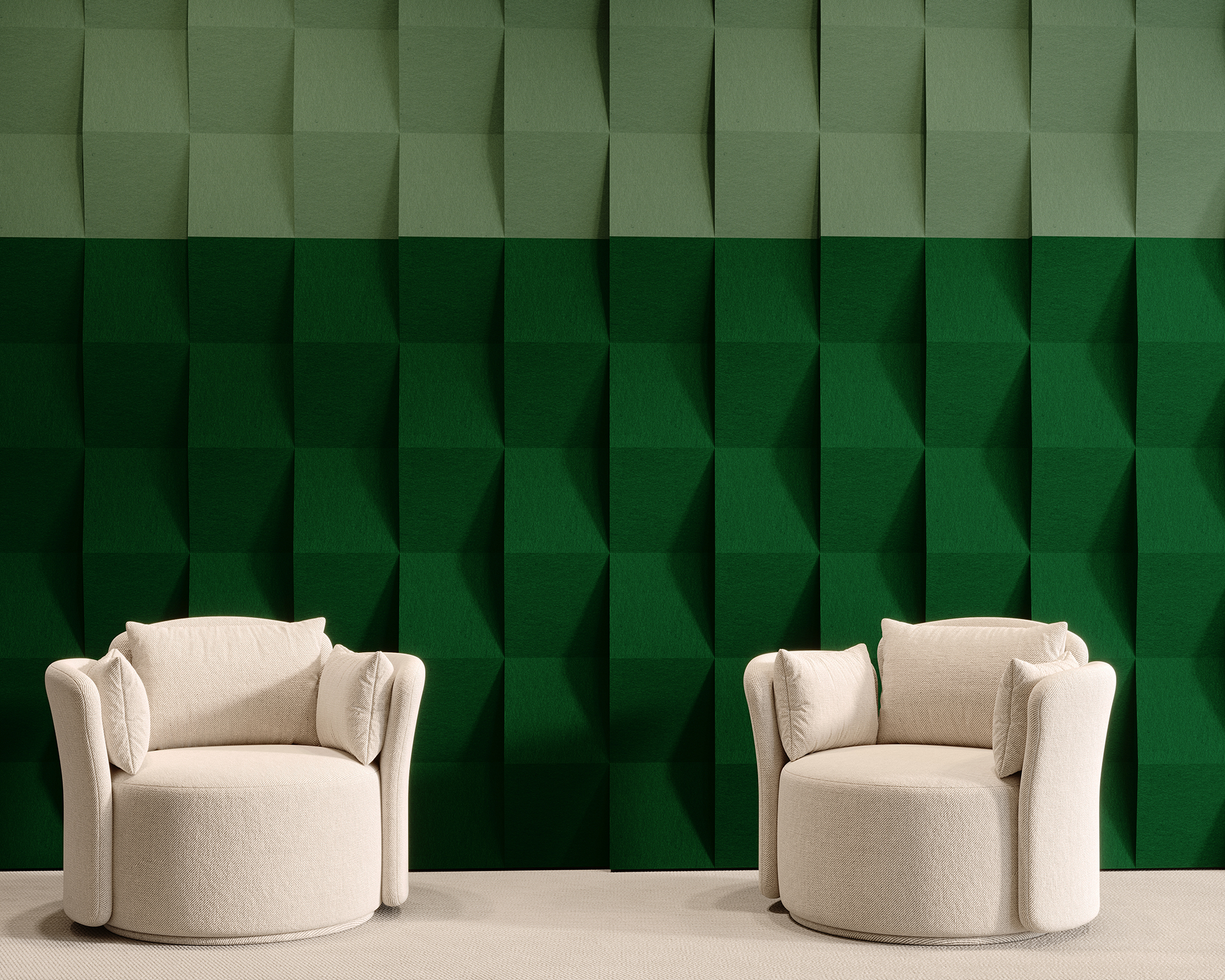 Two white, cushioned armchairs sit on a light carpet in front of a textured wall with geometric patterns created by acoustic felt tiles. The varying shades of green add depth and contrast to the minimalist, modern setting.