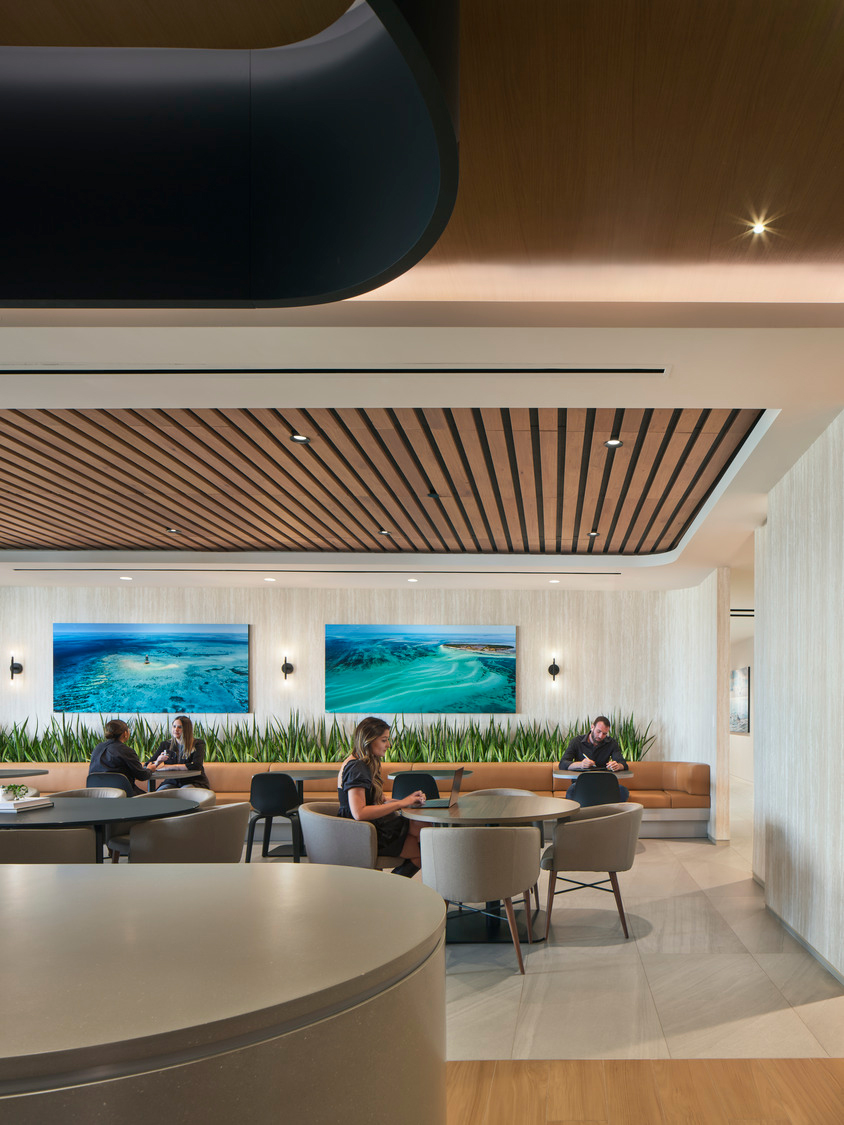 A modern lounge with people seated at round tables, surrounded by contemporary decor. Features include a woodgrain slatted acoustic felt ceiling, green plants, and two large ocean-themed paintings in elegant frames on the walls. Soft lighting creates a welcoming atmosphere.