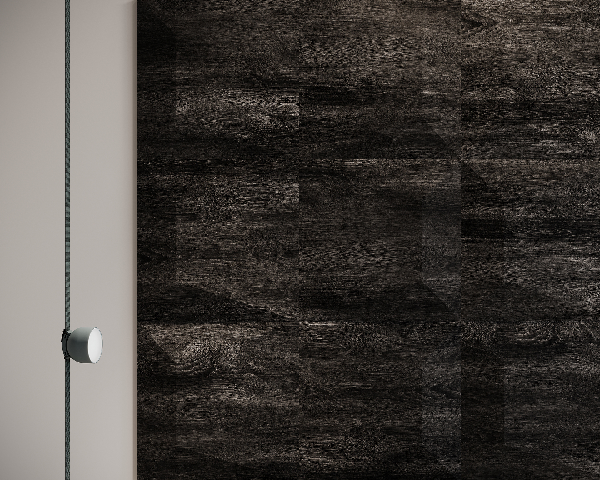 Close-up of a textured dark woodgrain acoustic felt tile with a vertical glass edge on the left. A round, white knob is attached to the glass, contrasting with the rich, natural woodgrain surface, reminiscent of elegant wall tiles.