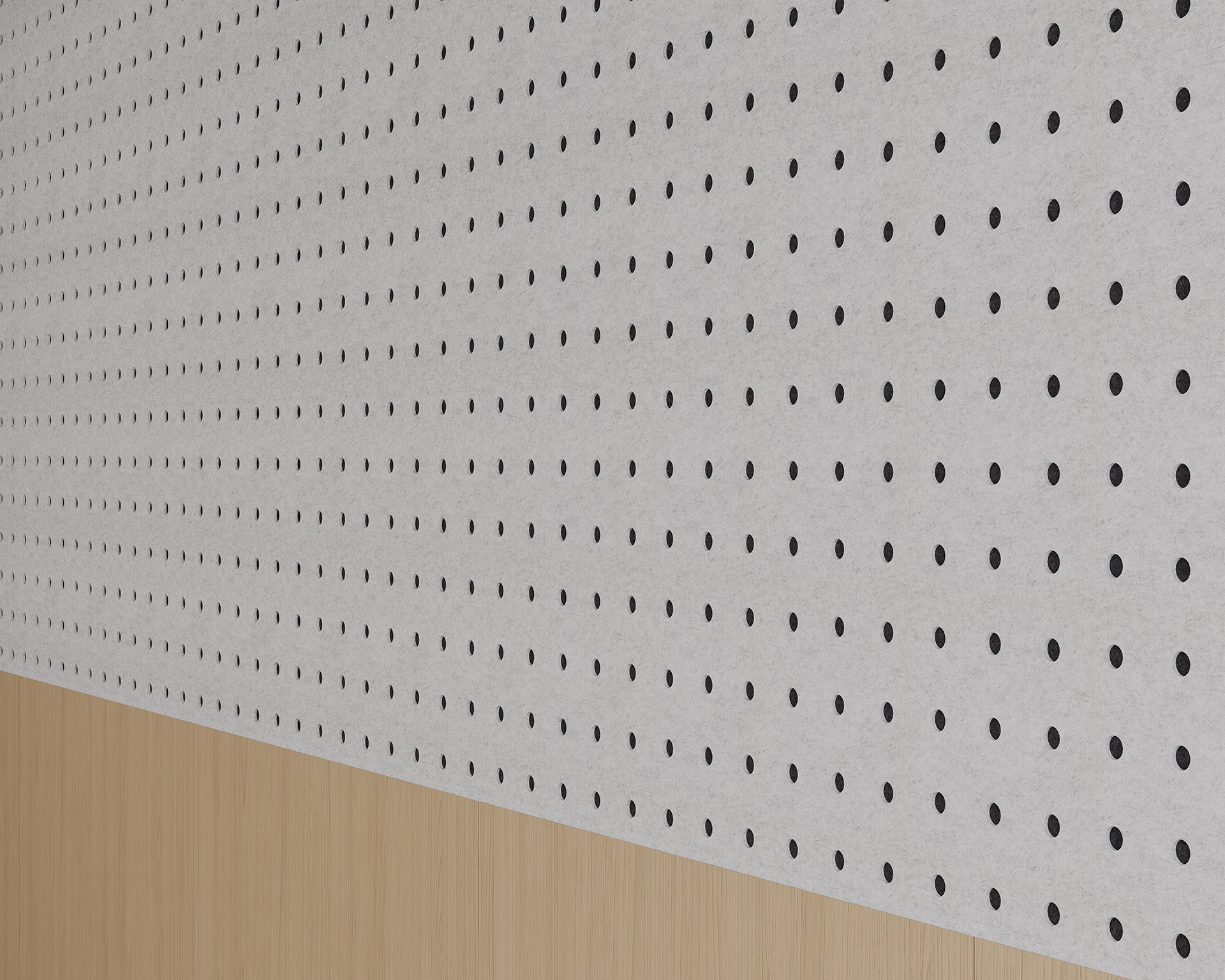 Close-up image of an acoustic felt wall with a grid of evenly spaced circular dark dots on a white surface. The lower part of the wall has a light wood finish. The wall creates a minimalist and geometric pattern.