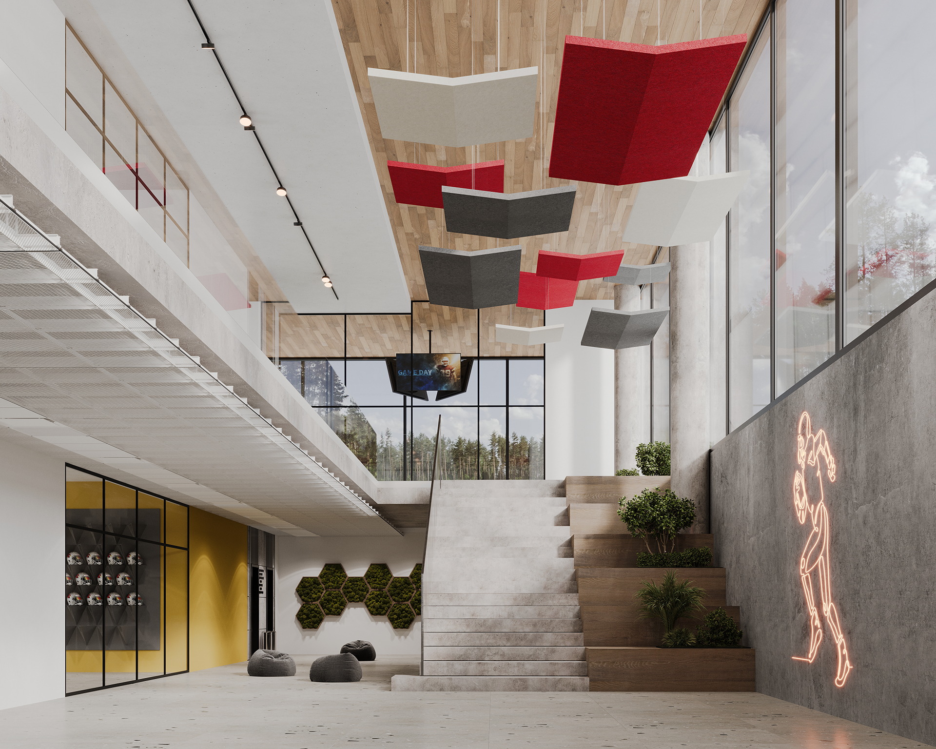 A modern interior with large windows, a central staircase, and wooden ceiling. Colored acoustic felt panels hang from above, and a neon figure decorates a wall. Green plants and seating areas enhance the spacious, bright atmosphere.