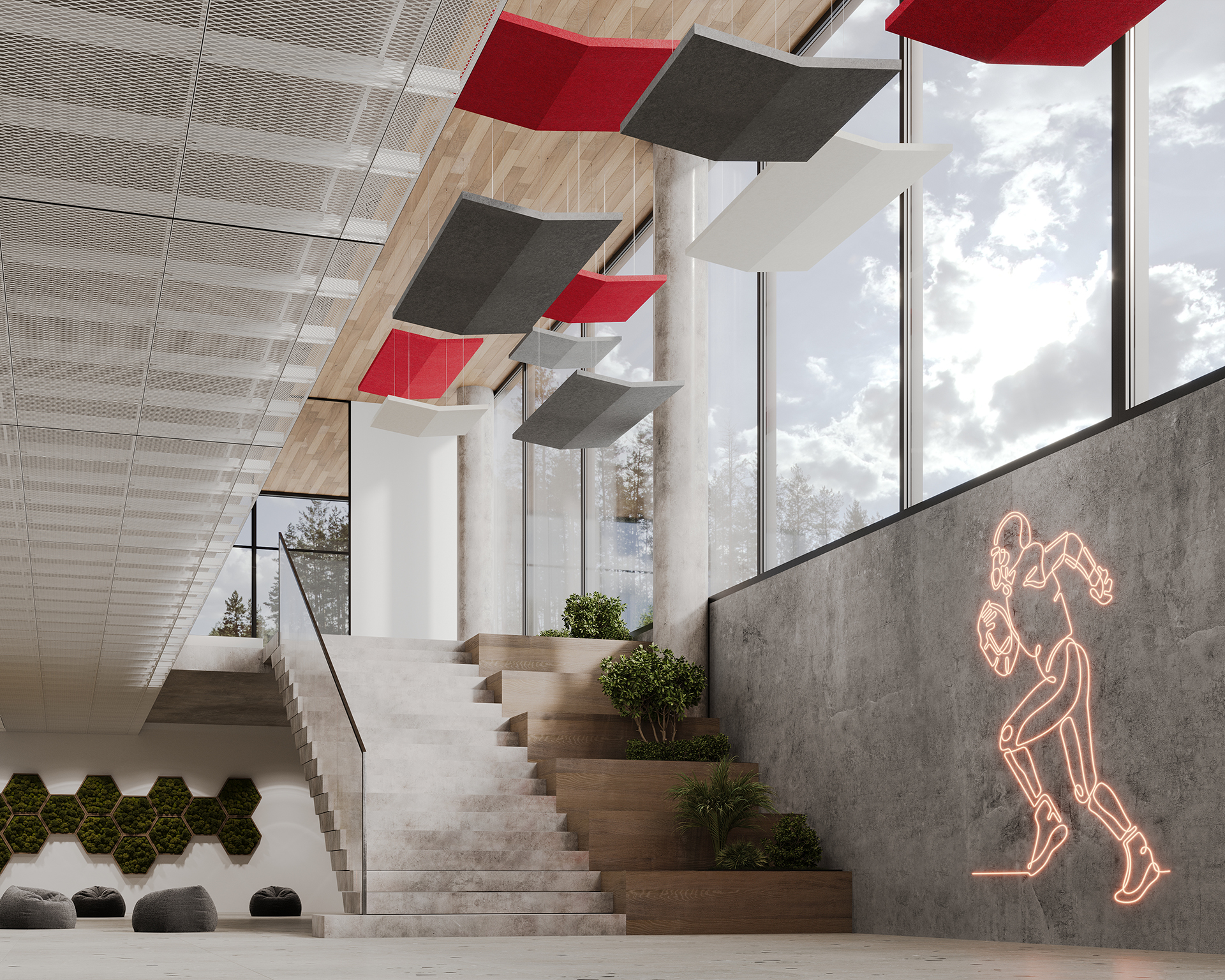 Modern interior with a mix of concrete and wood, featuring large windows and floating stairs with planters. Ceiling has colorful acoustic felt panels, and there's a neon outline of a running person on the wall. Geometric seating is visible to the left.
