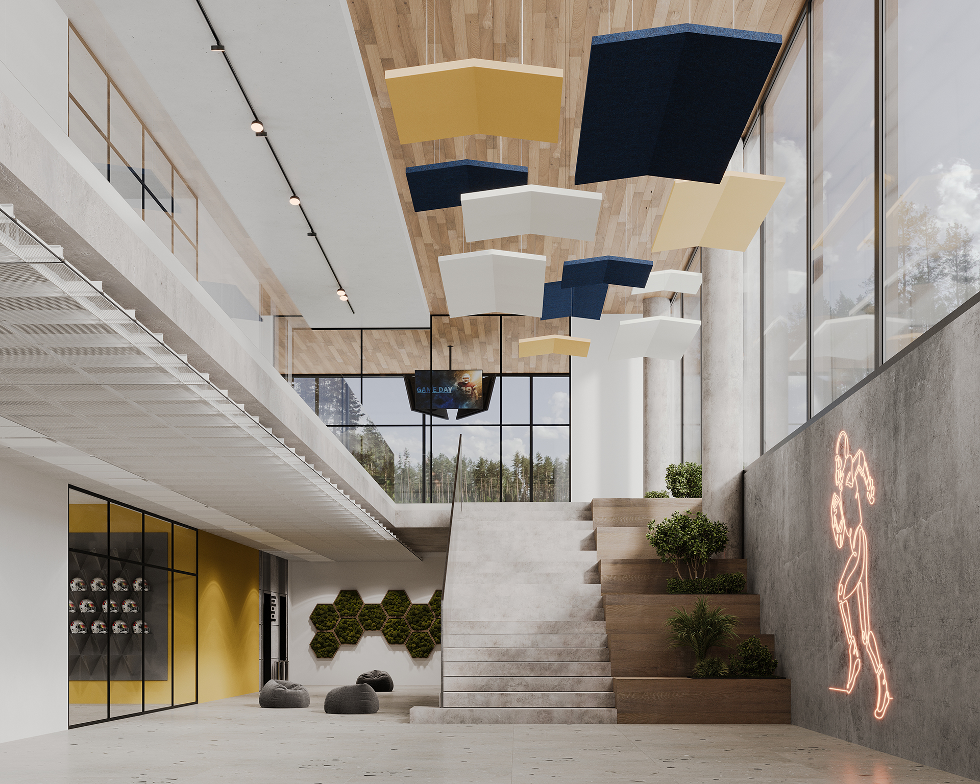 Spacious modern interior with large windows, a staircase, and colorful geometric acoustic felt panels hanging from the ceiling. Wall-mounted plants and a neon artwork add decorative elements. Natural light fills the room.