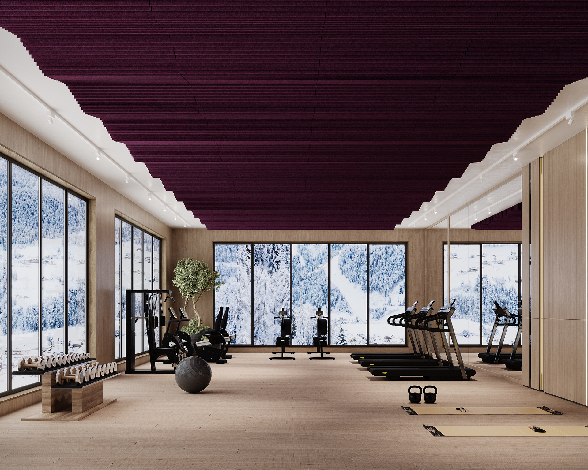 A modern gym with large windows showcasing a snowy mountain landscape. The room features treadmills, exercise bikes, weights, a yoga ball, and a green potted plant. The ceiling has maroon acoustic felt frames, and the floors are light wood.