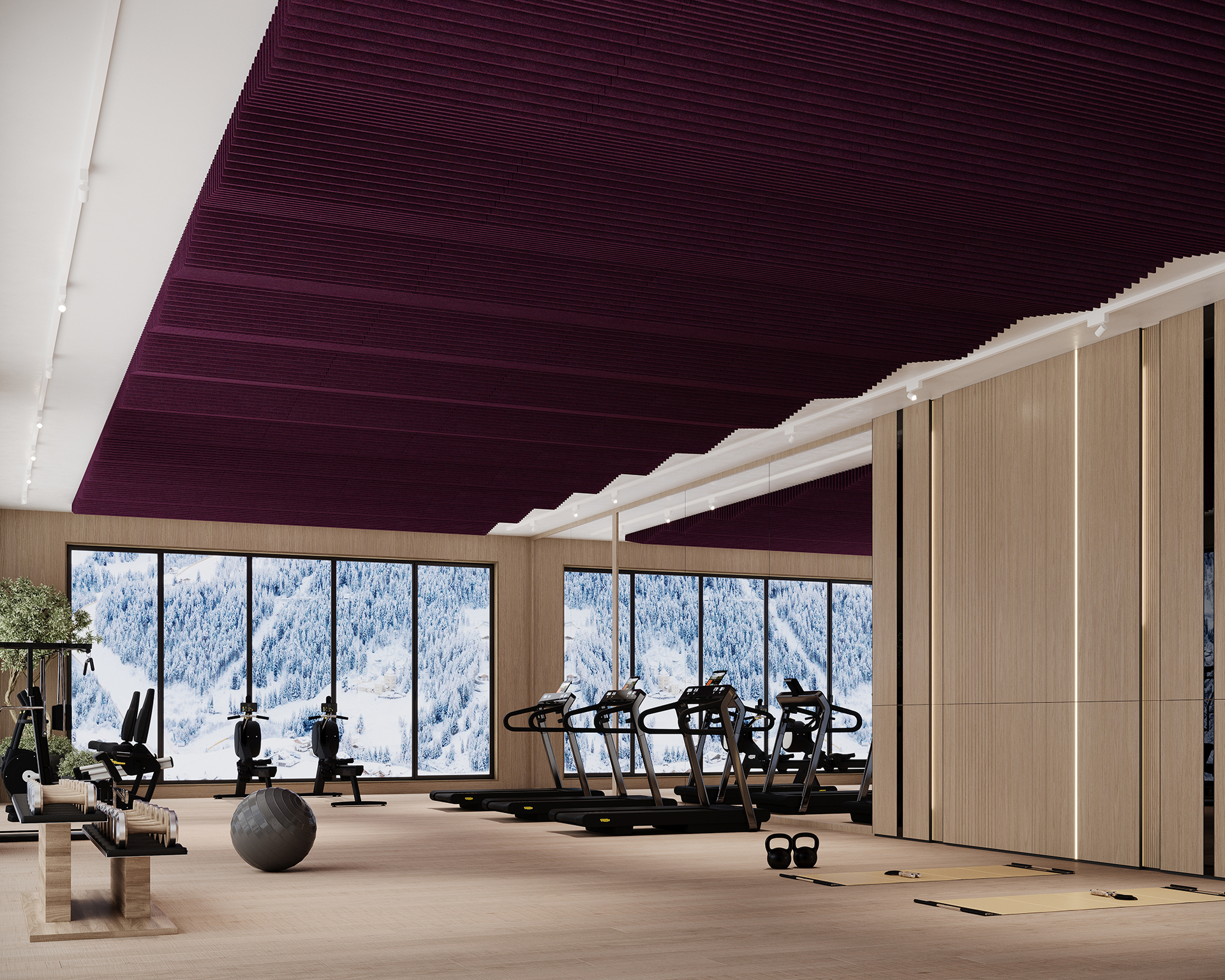 Spacious modern gym with large windows offering snowy mountain views. Equipped with treadmills, exercise bikes, weights, and gym balls. Features a stylish maroon acoustic felt ceiling and wood-paneled walls.