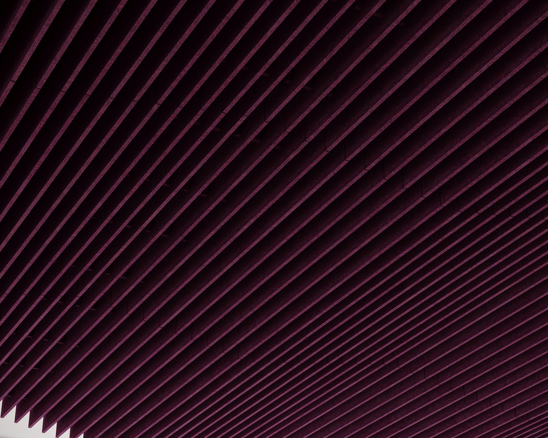 Dark purple, geometrically aligned ceiling panels create a pattern of parallel lines, leading into the distance. The perspective adds a sense of depth and repetition, with a slight shadow effect enhancing the visual texture.