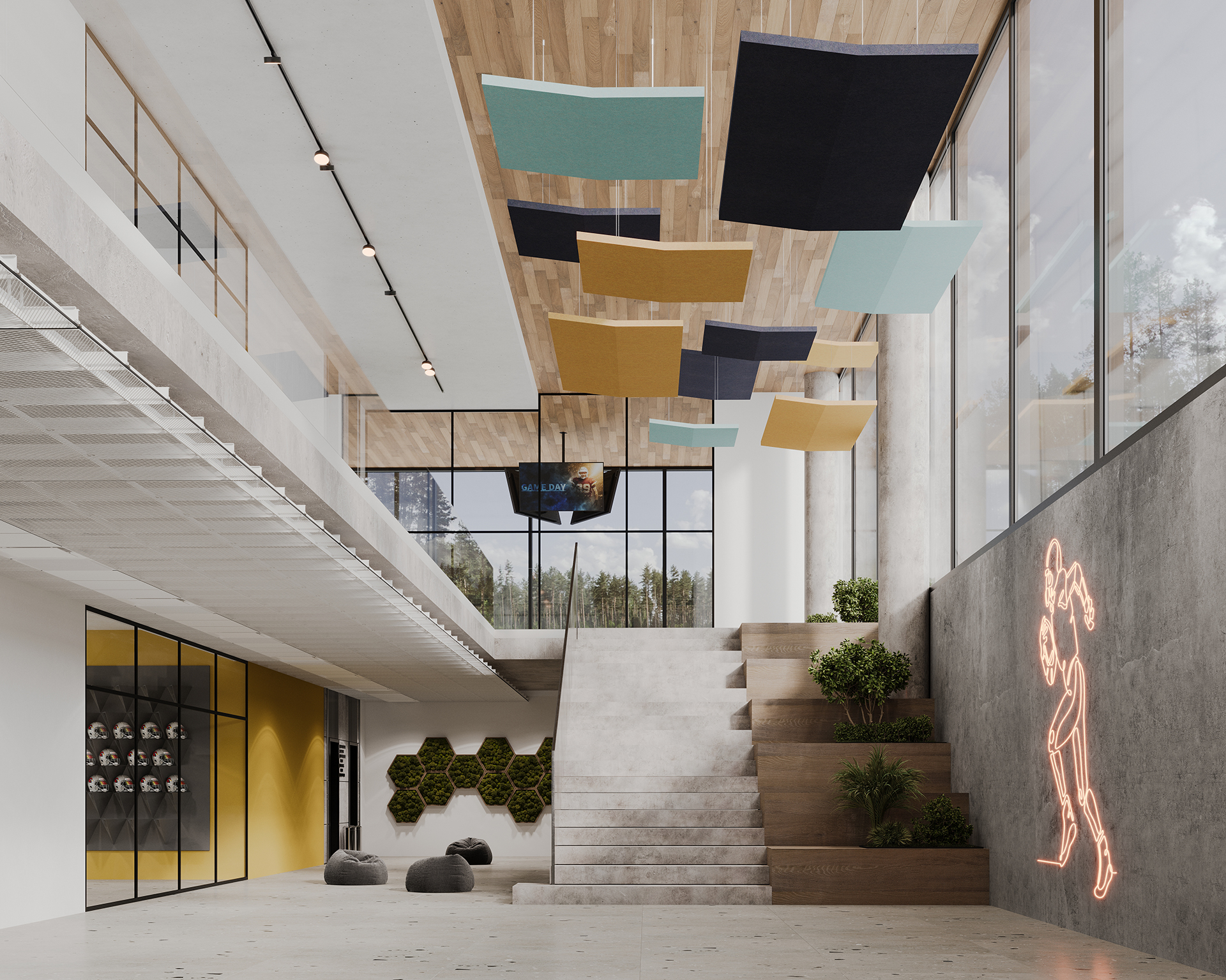 Modern interior of a spacious building featuring a staircase, large windows, and abstract acoustic felt ceiling panels in various colors. A neon light design on the wall and green plants add decorative touches. Natural light floods the space.