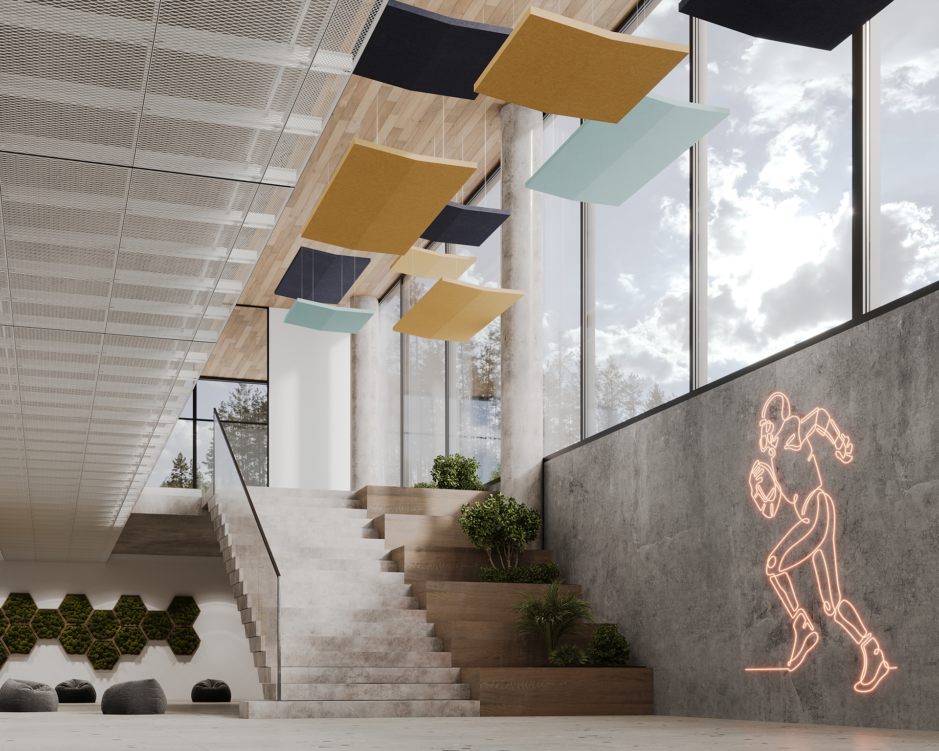 Modern interior of a minimalist space features a staircase with wooden steps, large windows, and decorative acoustic felt ceiling panels. A bright neon outline of a runner is on the concrete wall, and plants add greenery to the sleek, open area.