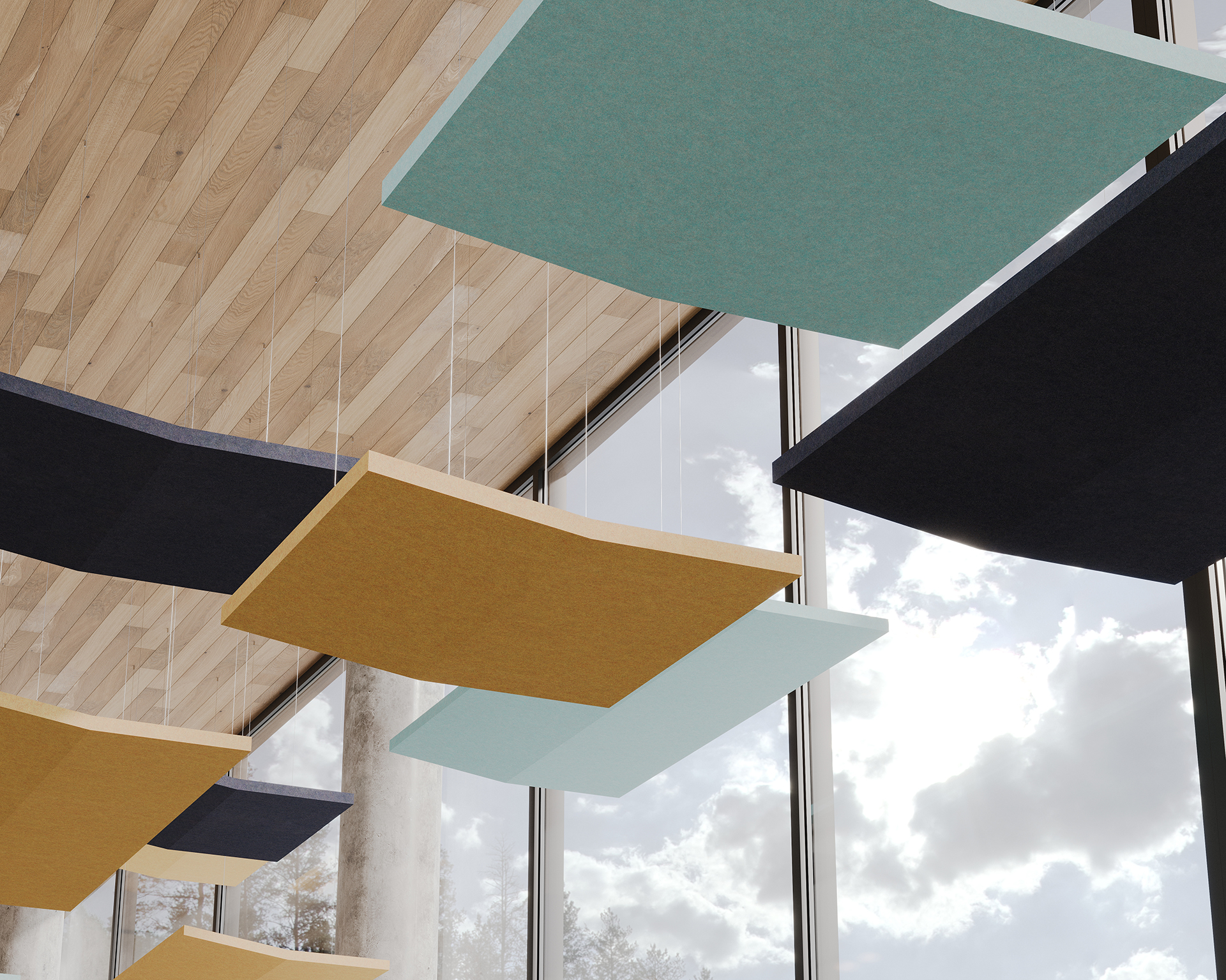 Ceiling decor featuring floating rectangular acoustic felt panels in shades of blue and gold. The panels are arranged at varying heights against a backdrop of large windows showcasing a cloudy sky. The wooden ceiling adds warmth to the modern design.