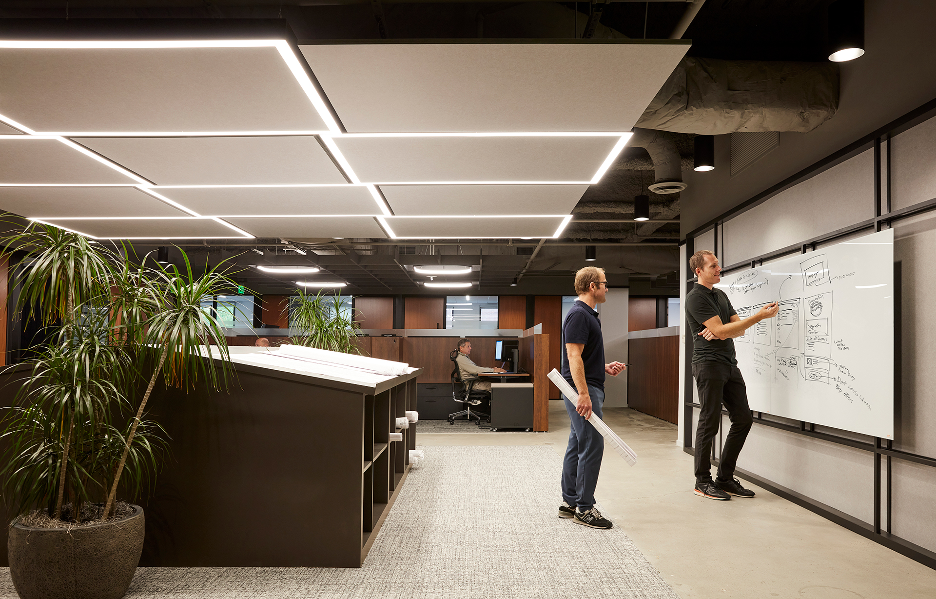 Two people are discussing at a whiteboard in a modern office, one writing while the other holds rolled papers. Nearby, another person works at a computer. There are large plants and modular ceiling lights around acoustic felt ceiling panels in the open-plan space.