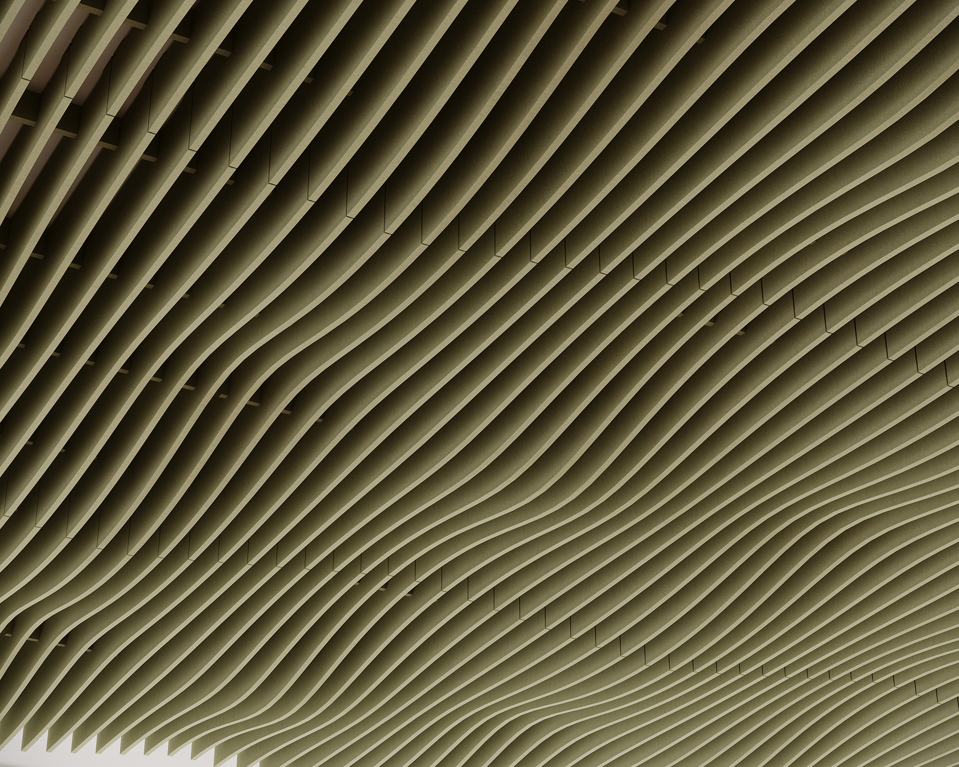 An acoustic felt ceiling with a series of parallel, undulating slats arranged in a wave-like pattern, creating a textured and dynamic visual effect. The slats are evenly spaced, with soft lighting casting subtle shadows.