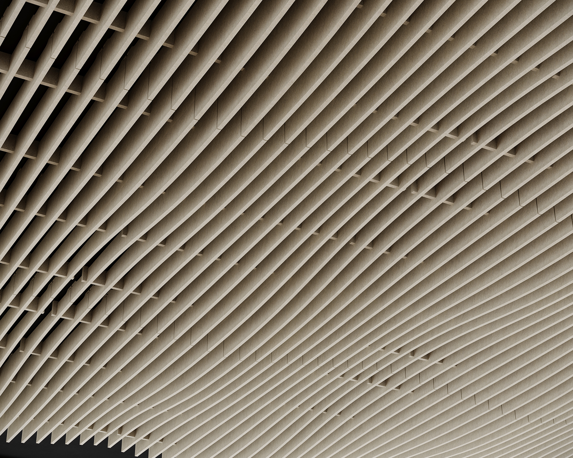 The image shows an abstract acoustic felt ceiling design with a grid-like pattern of parallel beige slats, creating a wave-like effect. The structure displays depth and texture, with light casting soft shadows between the slats.