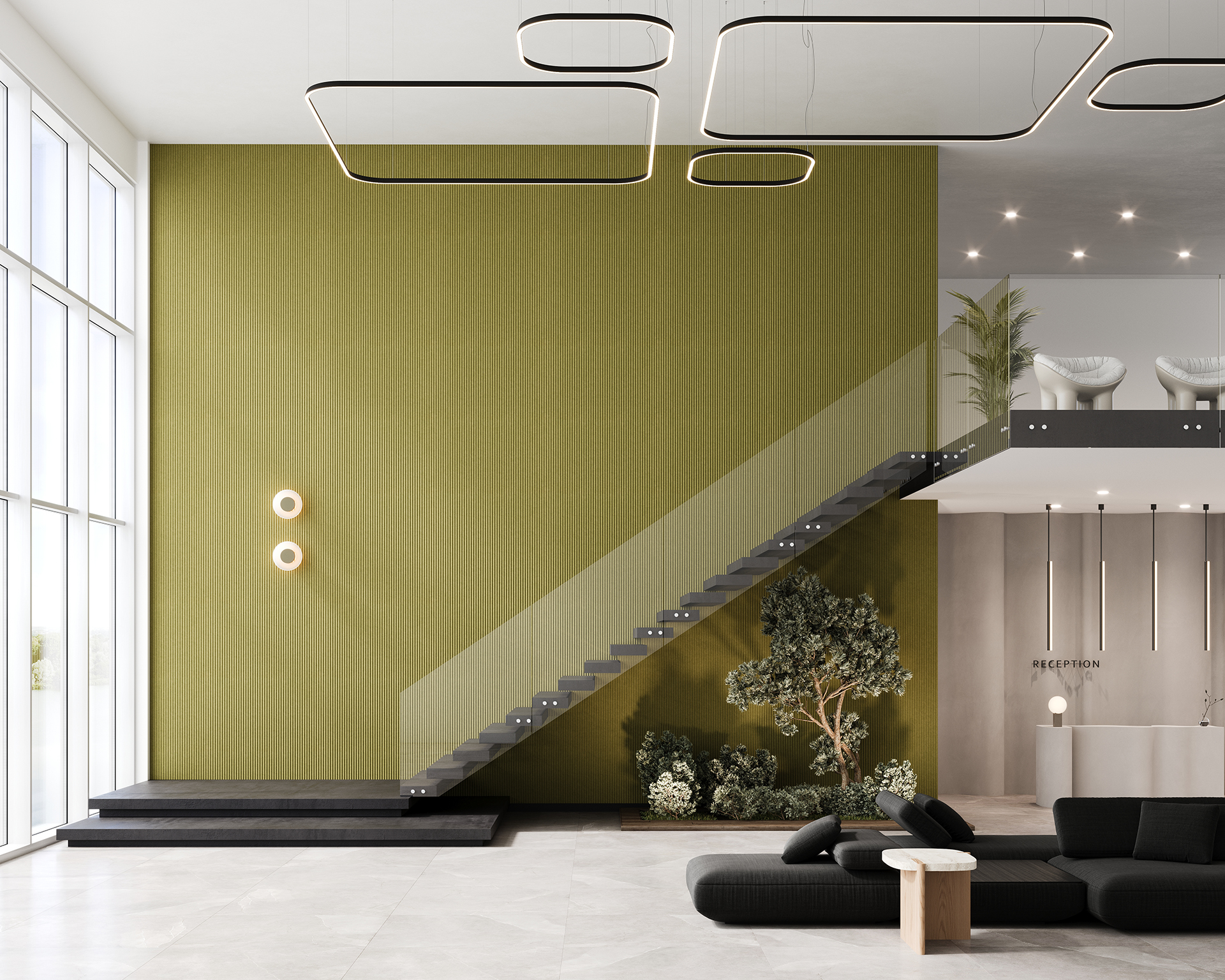 Modern lobby with a minimalist design featuring a floating staircase beside an olive green acoustic felt wall. Circular wall lights and geometric ceiling lights add a contemporary touch. Large windows on the left and a sleek reception desk in the background.