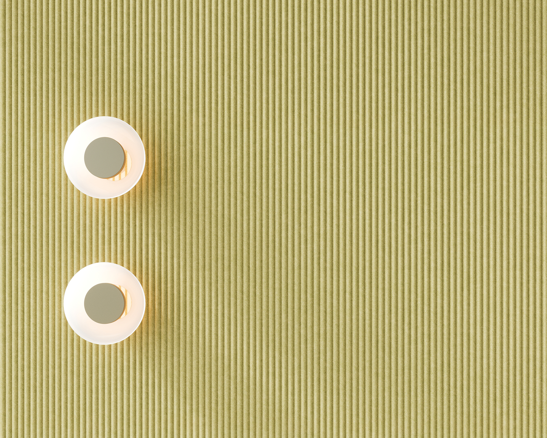 Two round, white ceiling lights are mounted on a ribbed, beige-green acoustic felt wall. The wall has a textured, vertical striped pattern. The lights cast gentle shadows, adding depth to the minimalist design.