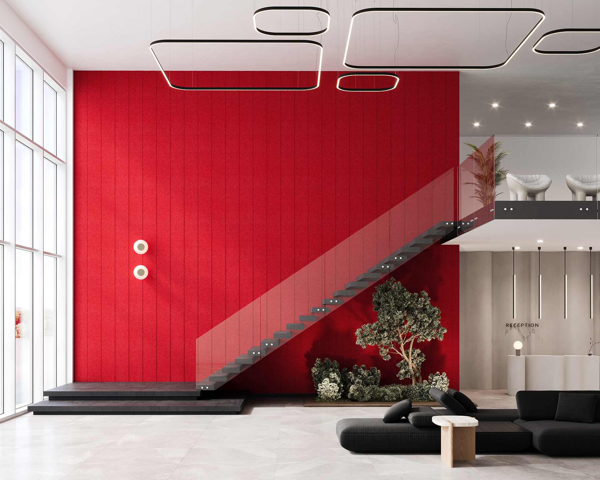 Modern interior with a bold red acoustic felt accent wall featuring a floating staircase. Minimalist lounge with black furniture, decorative plants, and geometric ceiling lights. Glass windows allow natural light. Reception area visible upstairs.
