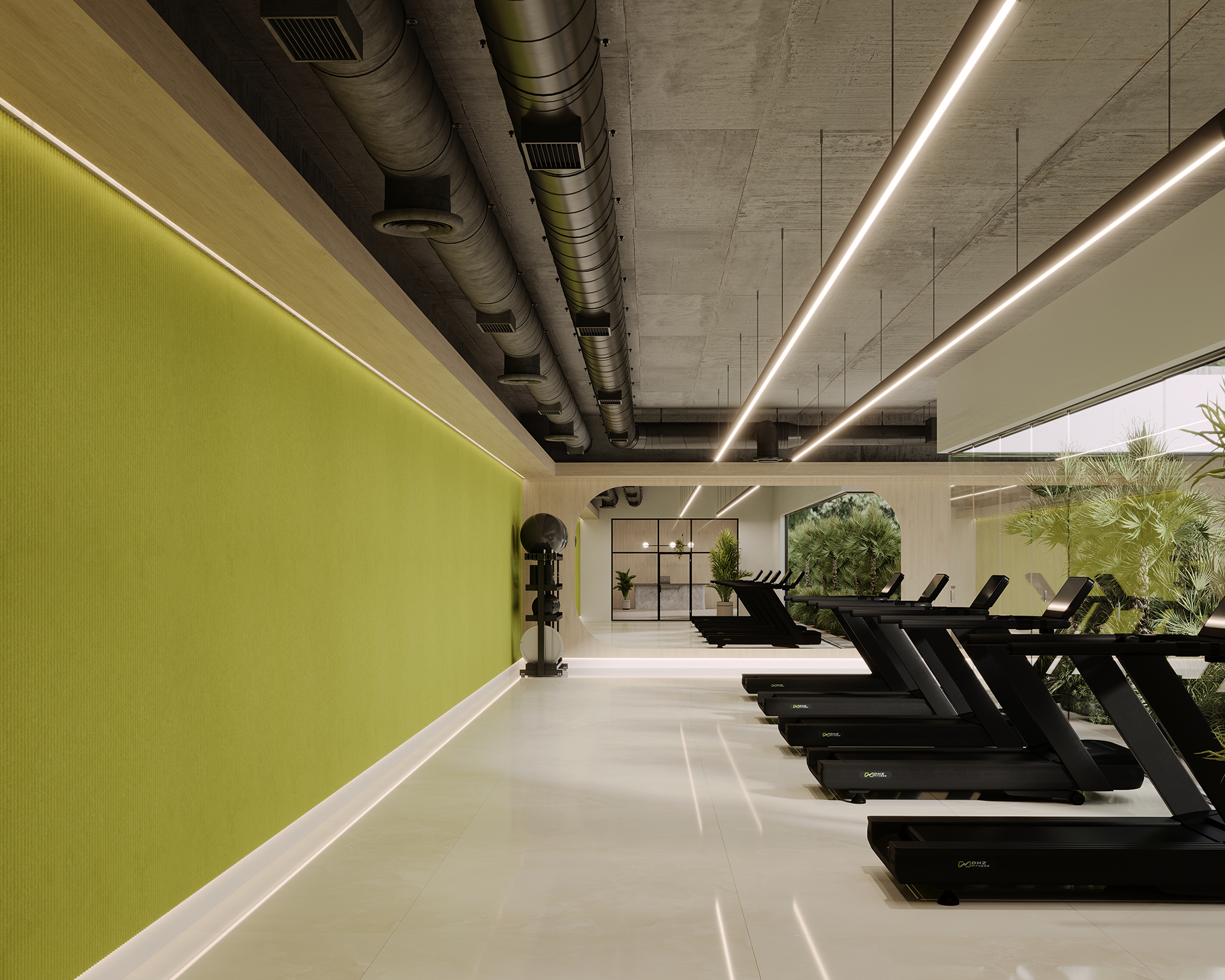 A modern gym interior featuring a row of treadmills facing large windows with a view of lush greenery. The space has a vibrant lime green acoustic felt wall and an industrial ceiling with exposed pipes and linear lighting.