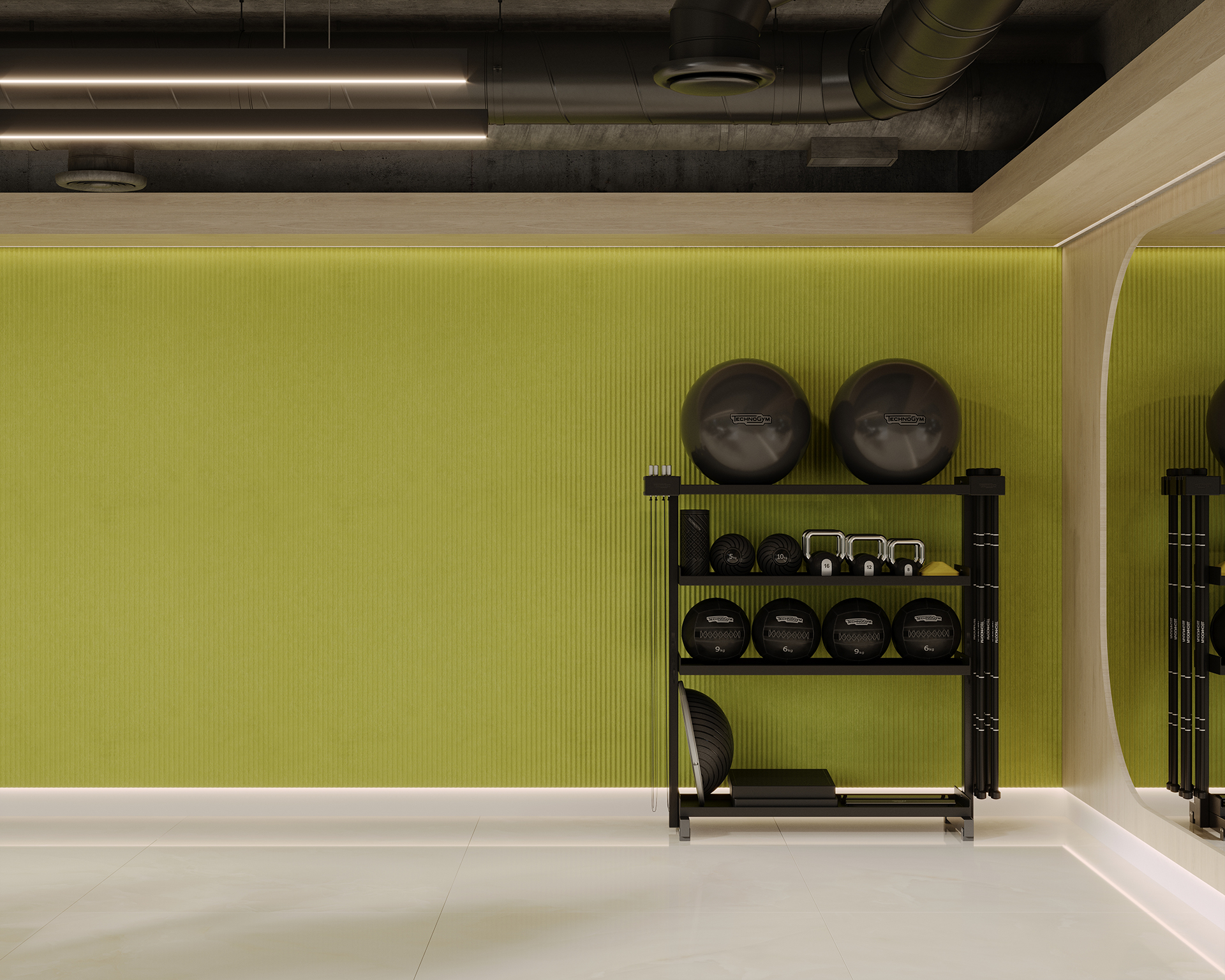A modern gym room with a lime green acoustic felt wall, featuring a black rack holding medicine balls, dumbbells, and kettlebells. The floor is white, and there are mirrors and exposed pipes on the ceiling, creating a clean and industrial look.