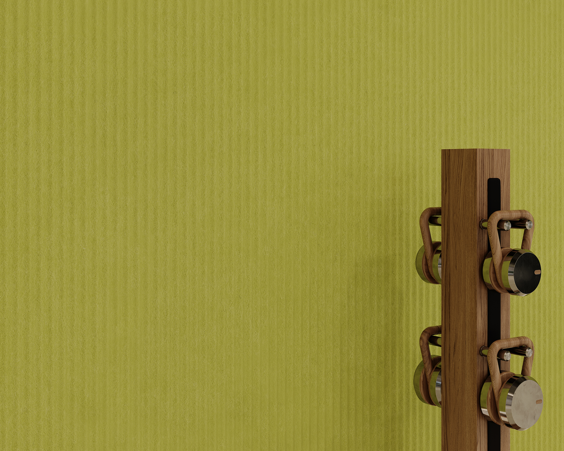A close-up of a unique wooden structure resembling a modern coat rack with cylindrical metal elements, set against a textured lime green acoustic felt wall. The composition highlights the contrast between the natural wood and the vibrant wall color.
