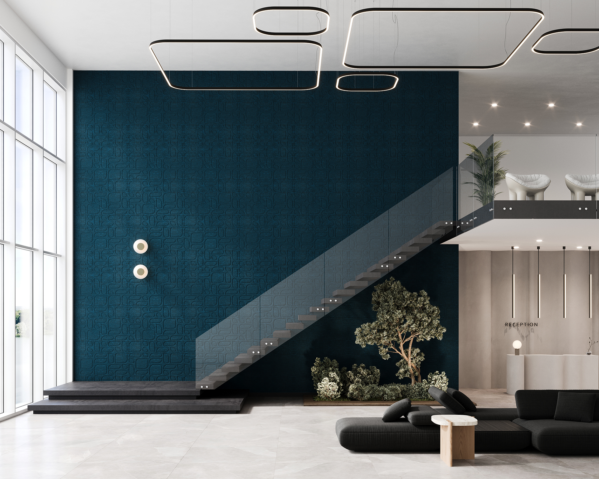 Modern interior with a teal acoustic felt accent wall and floating stairs. Geometric ceiling lights hang above, while a small plant arrangement decorates the space. The reception area is on the right, with sleek bar stools and a minimalist design.