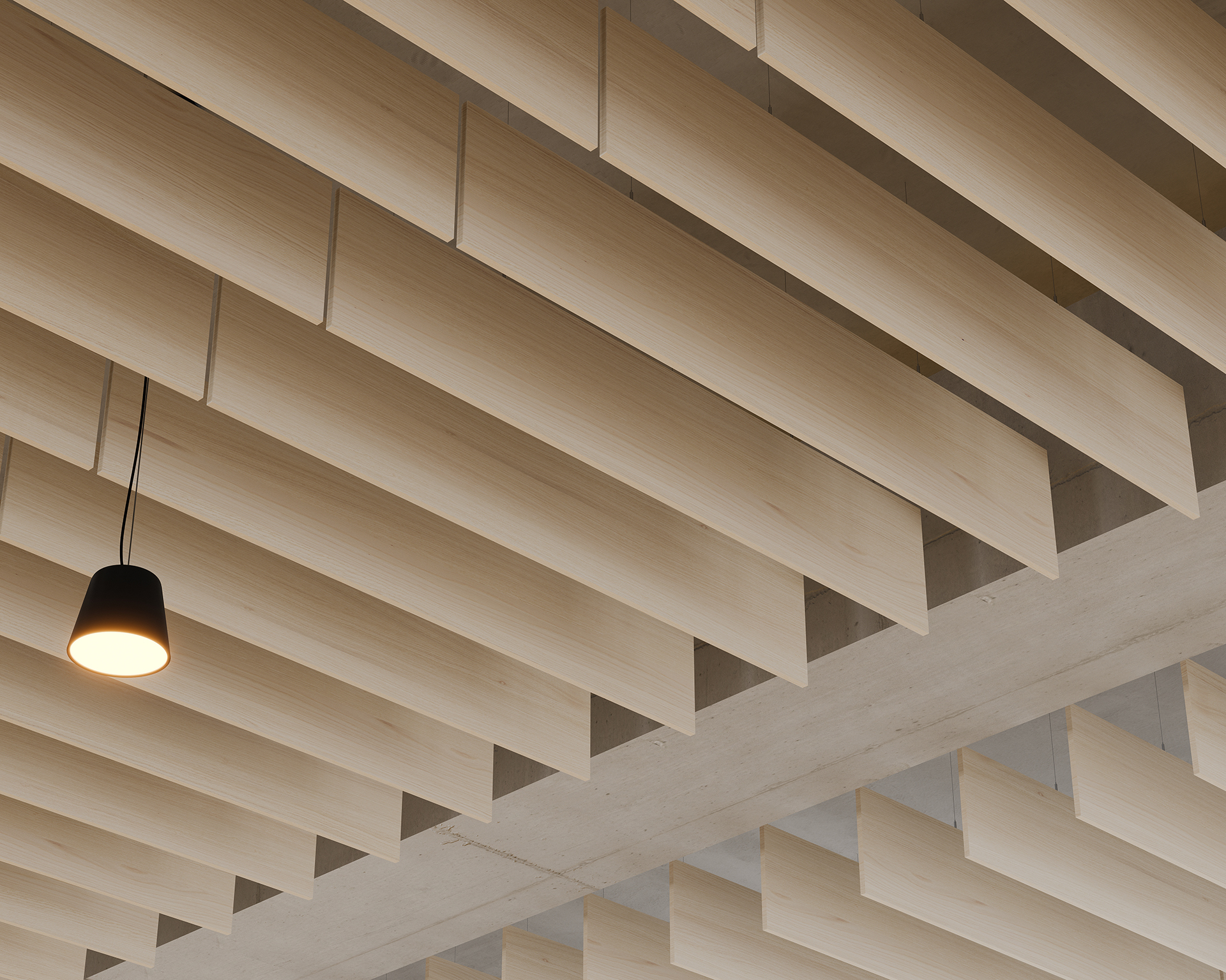 Suspended woodgrain acoustic felt slats cover a ceiling, with a single black pendant light hanging and illuminated. The slats create a modern, geometric pattern, adding depth and texture to the room's design.