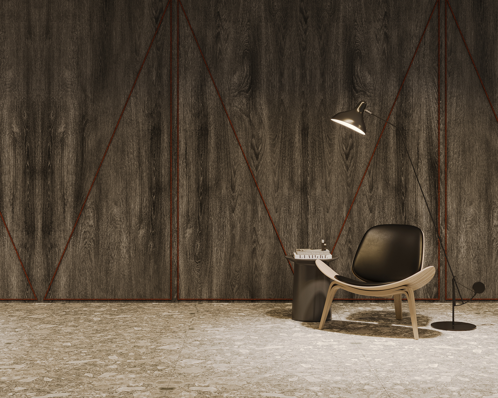 A modern minimalist room features a dark woodgrain acoustic felt wall with subtle triangular patterns. A sleek black chair sits beside a round side table with a magazine and bottle on it. An angled floor lamp casts light over the chair. The floor is light-colored stone.