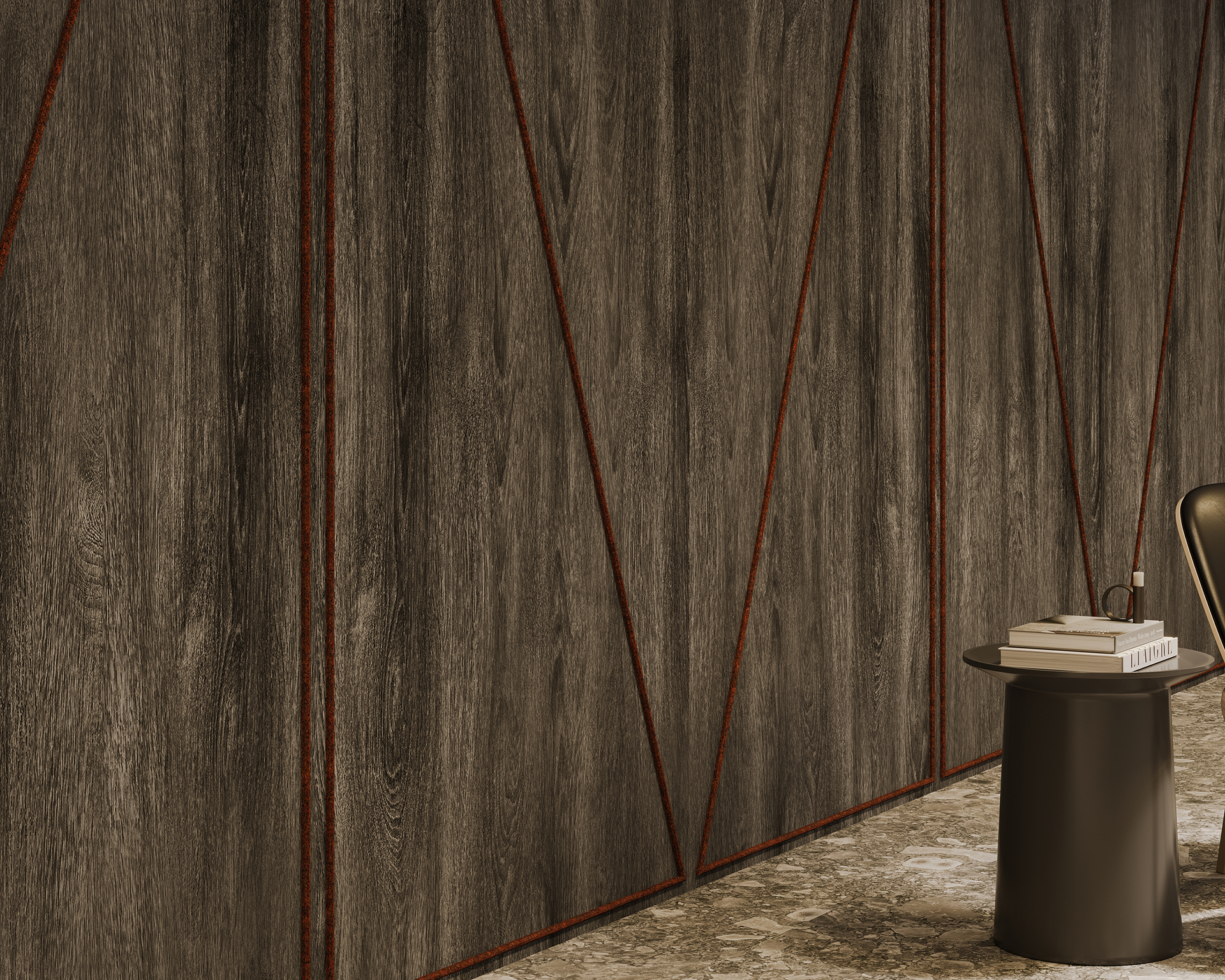 Dark woodgrain acoustic wall panel wall with geometric patterns. A black chair with metallic legs and a round black side table are on a marble floor. The table holds two stacked books. The setting is minimalistic and modern.
