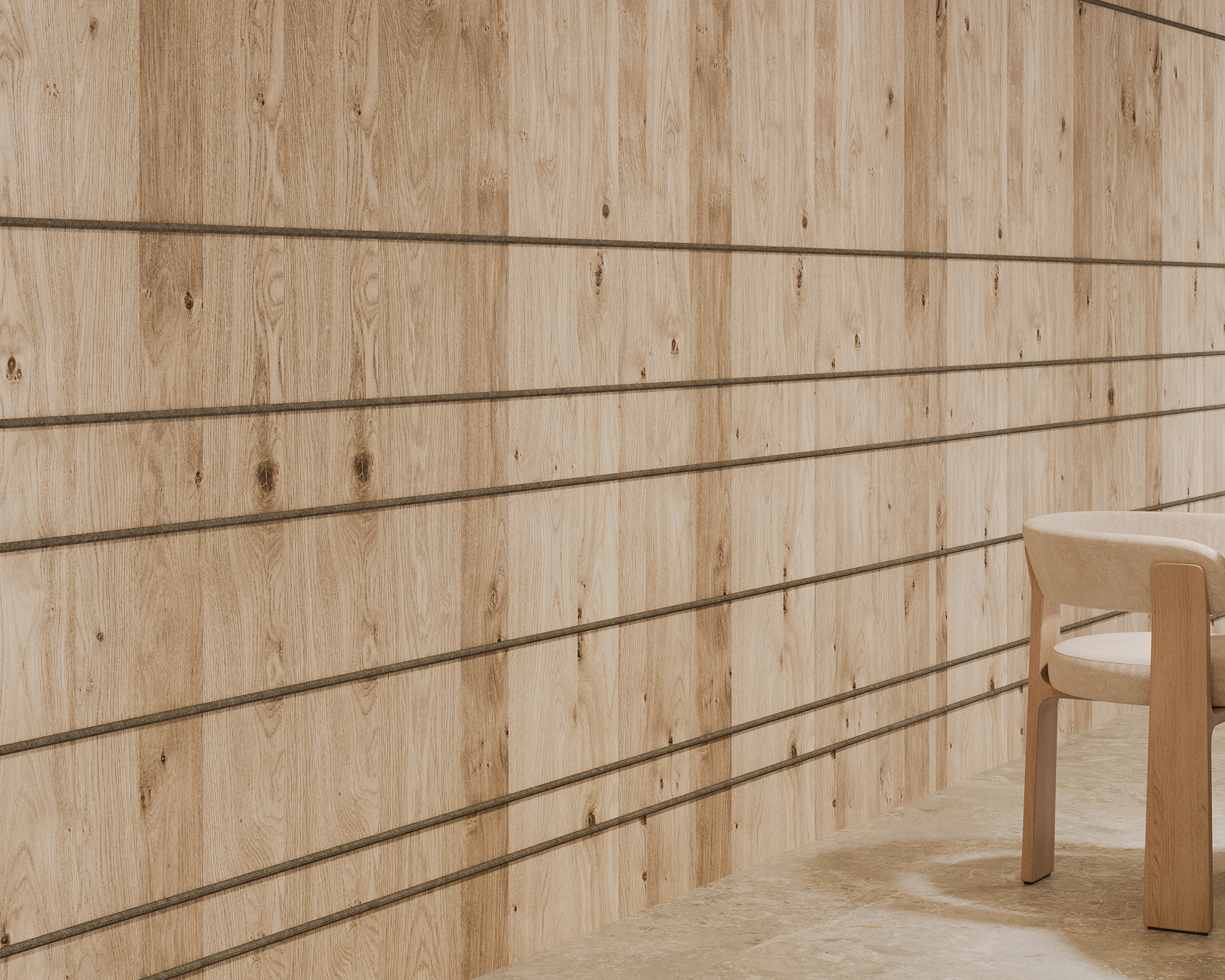 A minimalist interior features a woodgrain acoustic felt wall with horizontal grooves, creating a warm, earthy texture. A partial view of a beige upholstered chair is visible on the right, and the floor is a smooth, light-colored concrete.