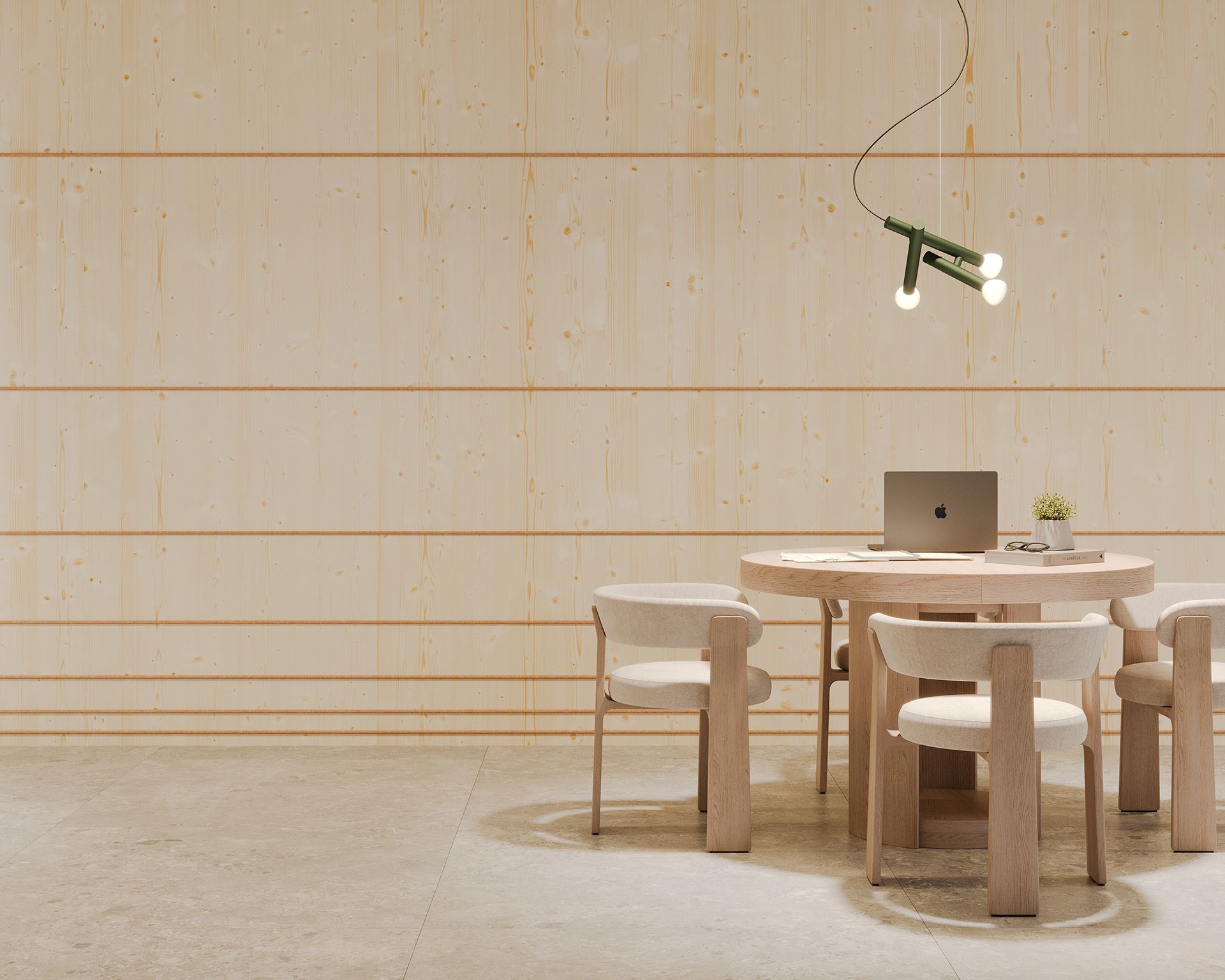 Minimalist room with a round wooden table and four chairs. A laptop and small plant are on the table. A unique hanging light fixture with two bulbs is above. The room features a light woodgrain acoustic felt wall and neutral flooring.