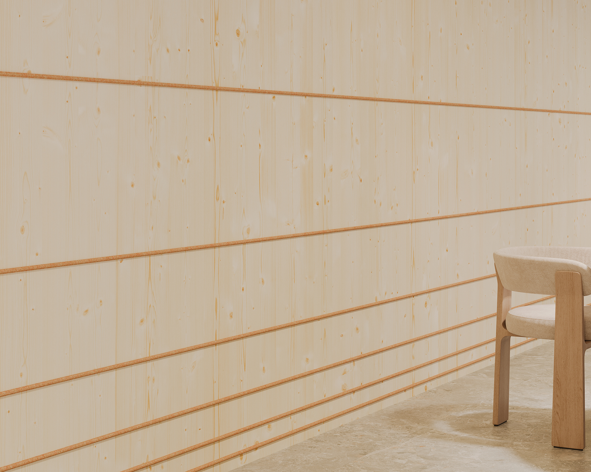 Close-up of a minimalist room featuring a light woodgrain acoustic felt panel wall with horizontal grooves. A beige chair with light wooden legs is partially visible on the right, set against a polished stone floor.