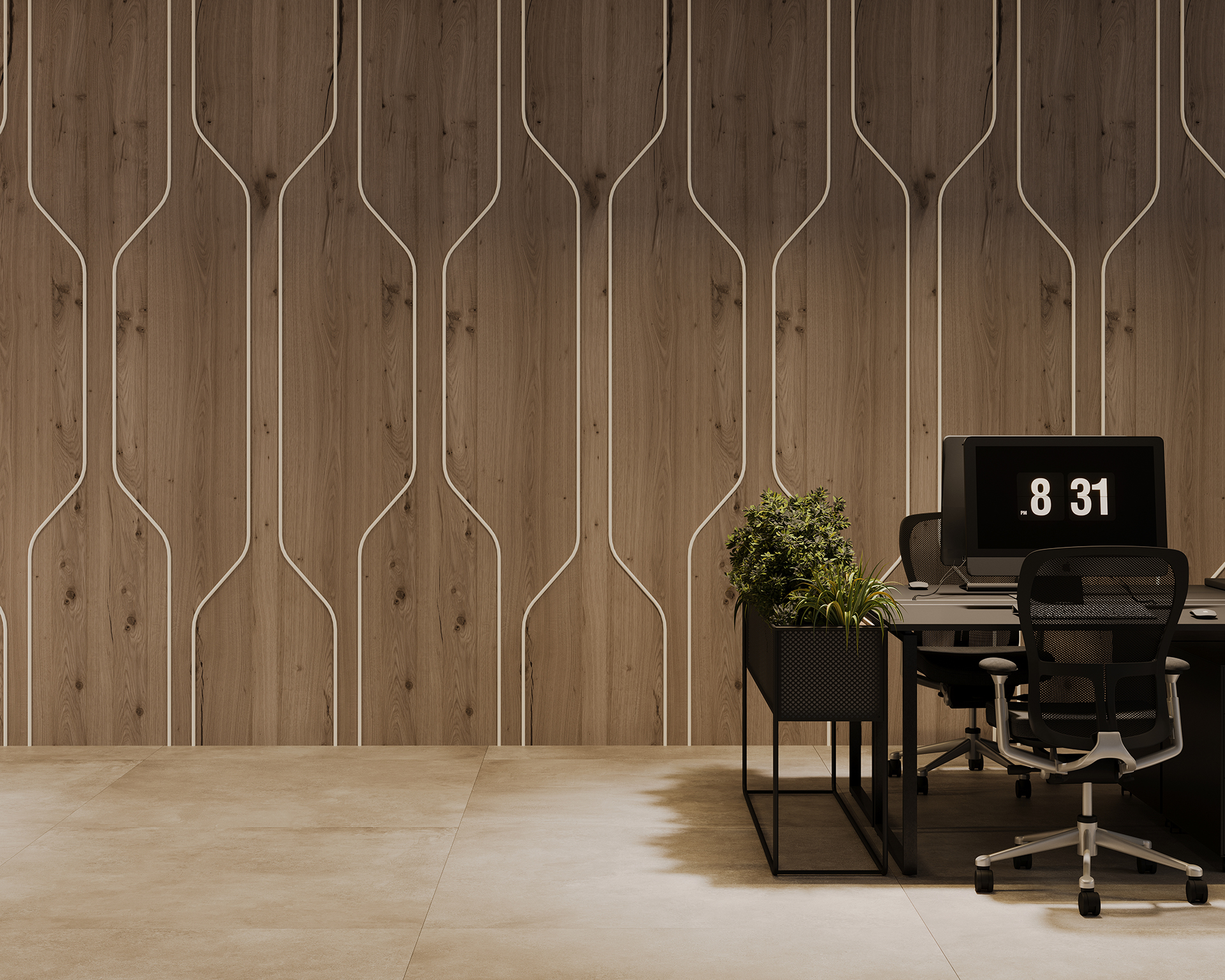 A modern office space with a woodgrain acoustic felt wall featuring geometric designs. A desk with two chairs is on the right, holding a computer displaying ".8 31" and a potted plant. The floor is tiled with gray tiles. The space is minimalist and well-lit.