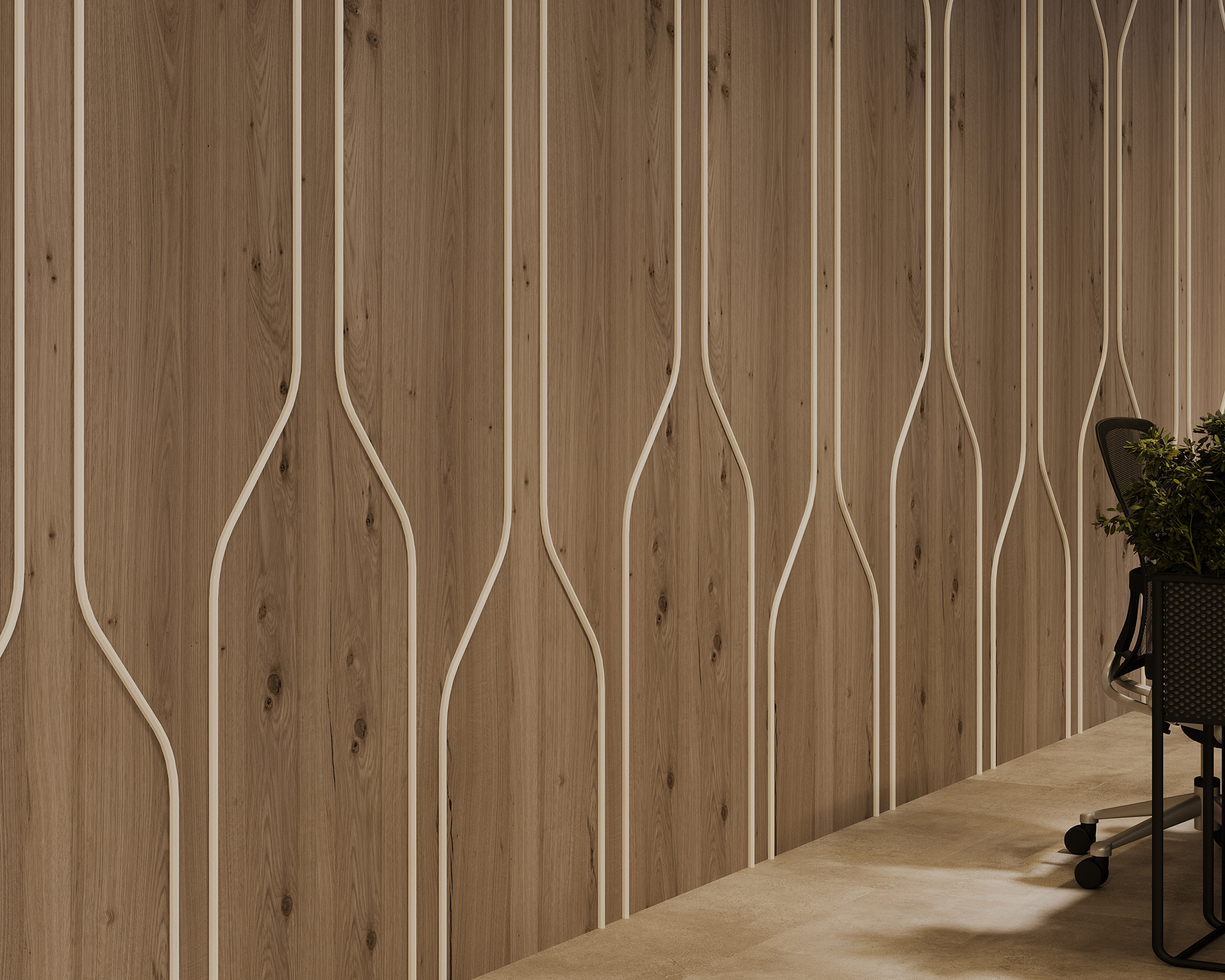 Woodgrain acoustic felt panel wall with sleek, curvy vertical white lines creating a modern geometric pattern. Partial view of an office chair and a potted plant is visible on the right side, set on a polished floor.