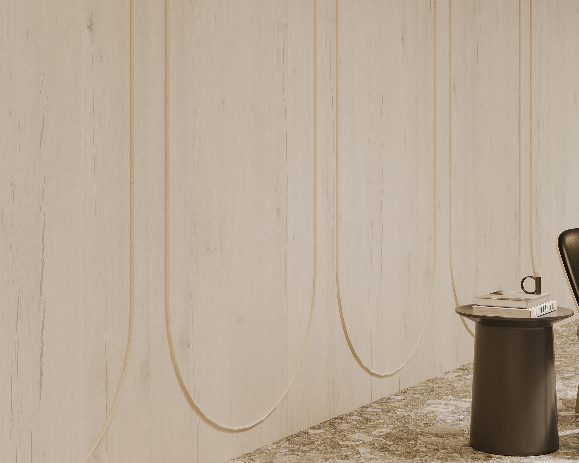 A modern minimalist room features a light woodgrain acoustic felt wall with vertical grooves, a small dark round table, and a book on top. A dark chair is partially visible next to the table. The floor has a textured, marble-like appearance.