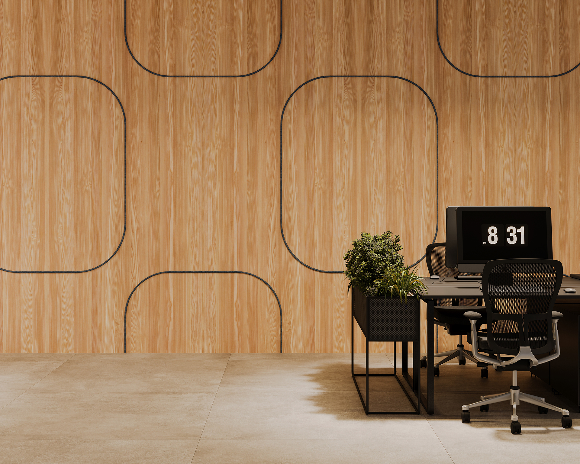 Modern office with a woodgrain acoustic felt accent wall featuring rounded rectangle patterns. A desk with a computer showing 8:31, an office chair, and a black plant stand with greenery are present on a tiled floor.