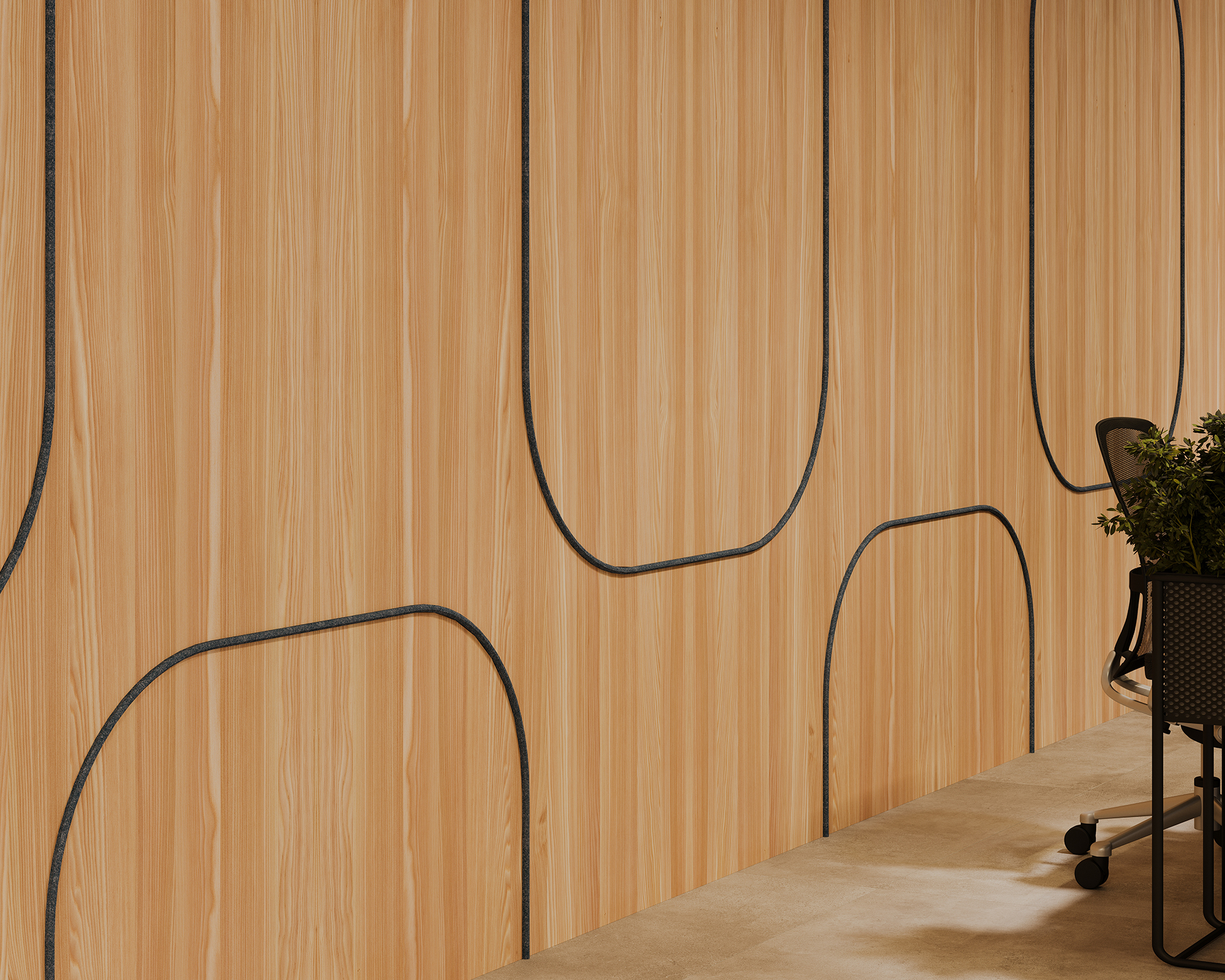 Woodgrain acoustic felt wall panels with large, arched patterns and black outlines cover the right side of the image. A portion of a chair is visible on the bottom right, behind a small plant. The floor appears to be a smooth, light surface.