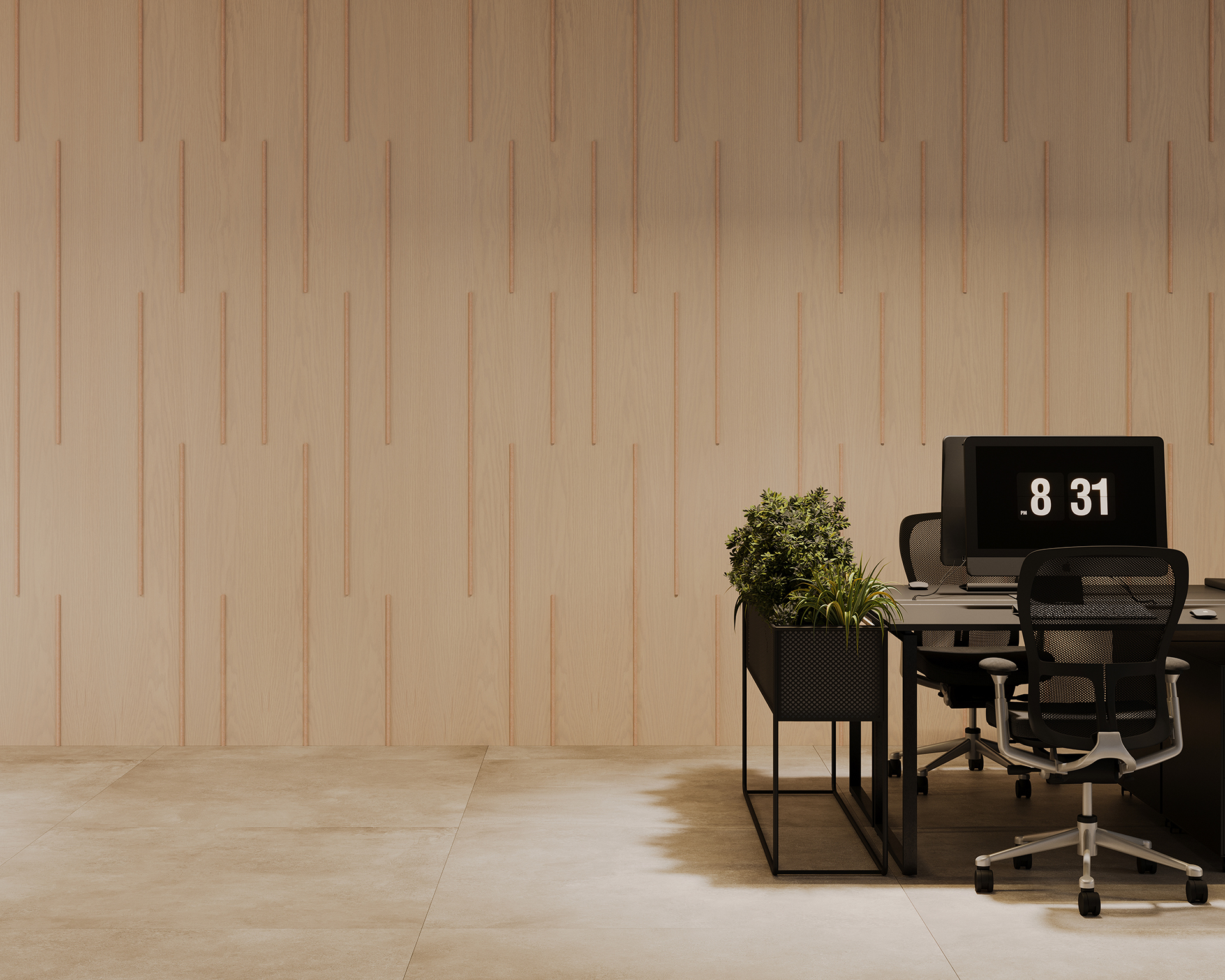 Minimalist office space with a woodgrain acoustic felt wall, two black chairs, and desks featuring a computer monitor displaying "8:31". A rectangular black planter with green plants is on the desk, creating a modern and clean aesthetic.