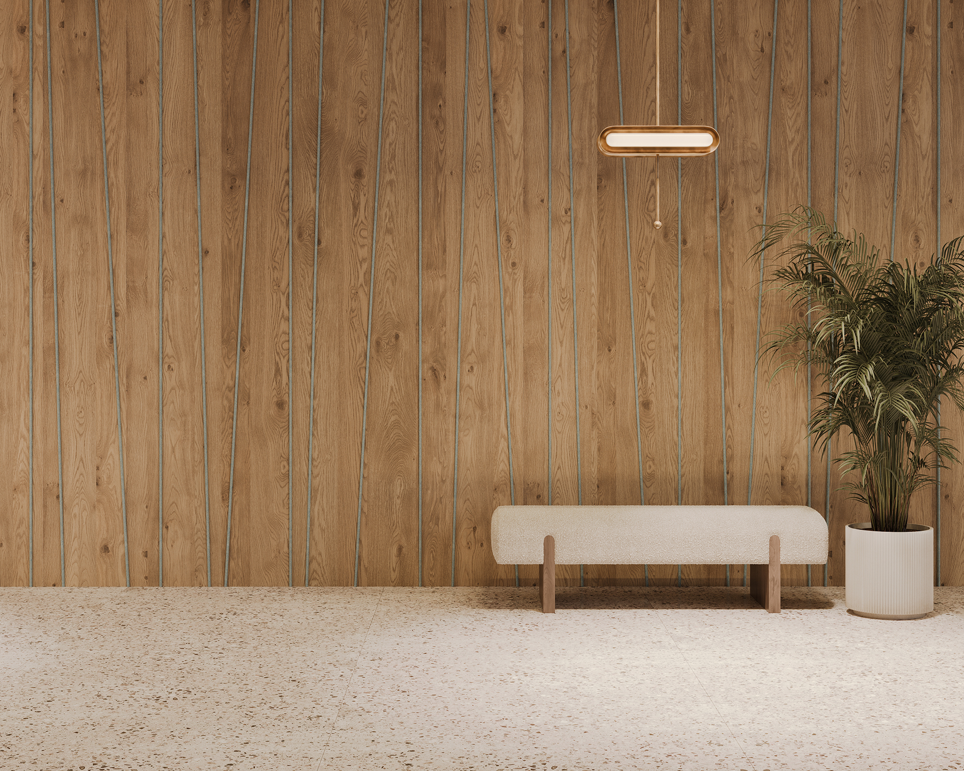Minimalist room with a woodgrain paneled acoustic felt wall, terrazzo floor, and beige cushioned bench. A potted plant with long green fronds stands to the right, and a modern oval pendant light hangs above. The space is well-lit and serene.