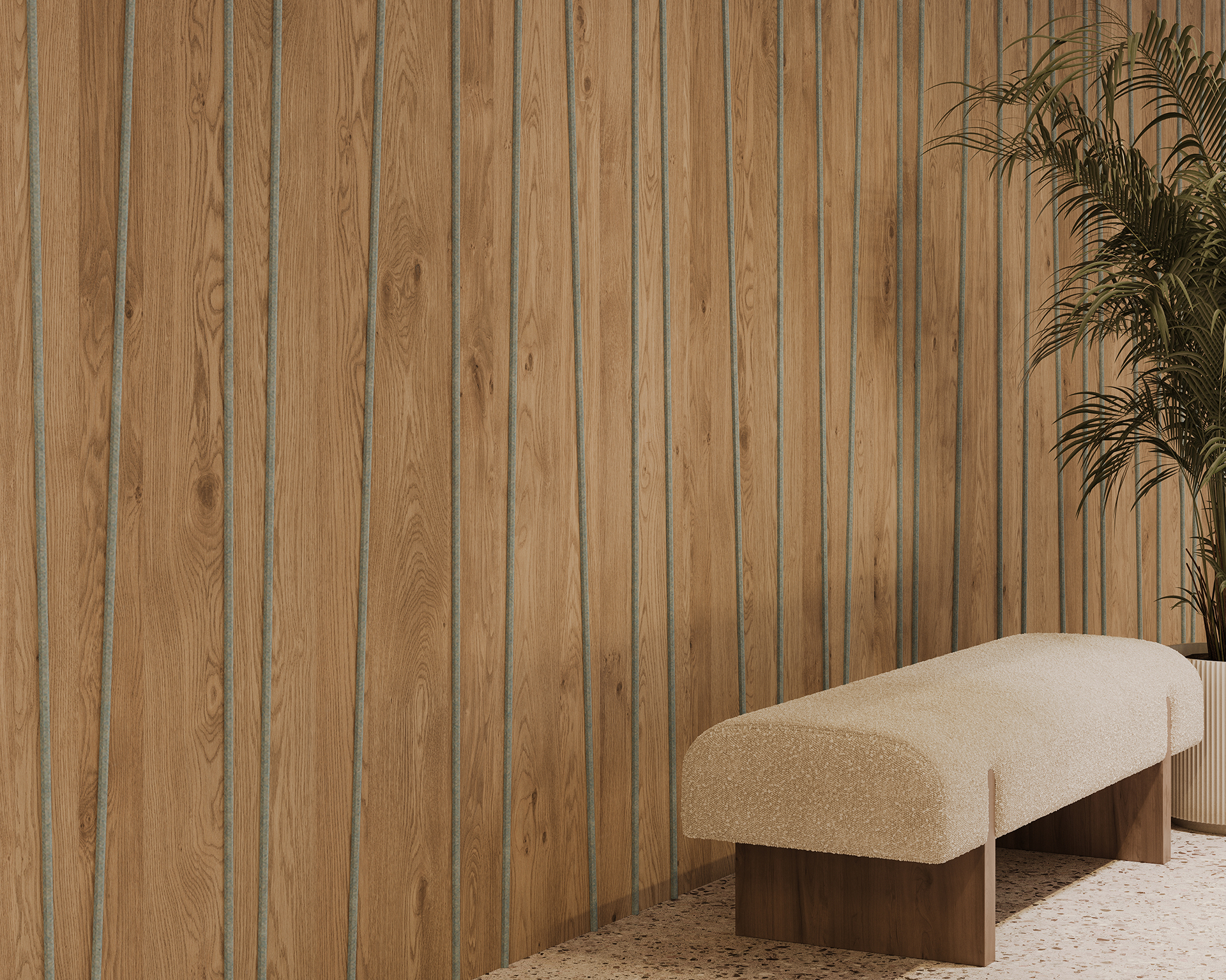 A minimalist room with a woodgrain acoustic felt panel wall featuring vertical lines. A long, cushioned beige bench sits on a terrazzo floor. A potted plant with long, slender leaves adds a touch of greenery to the space.