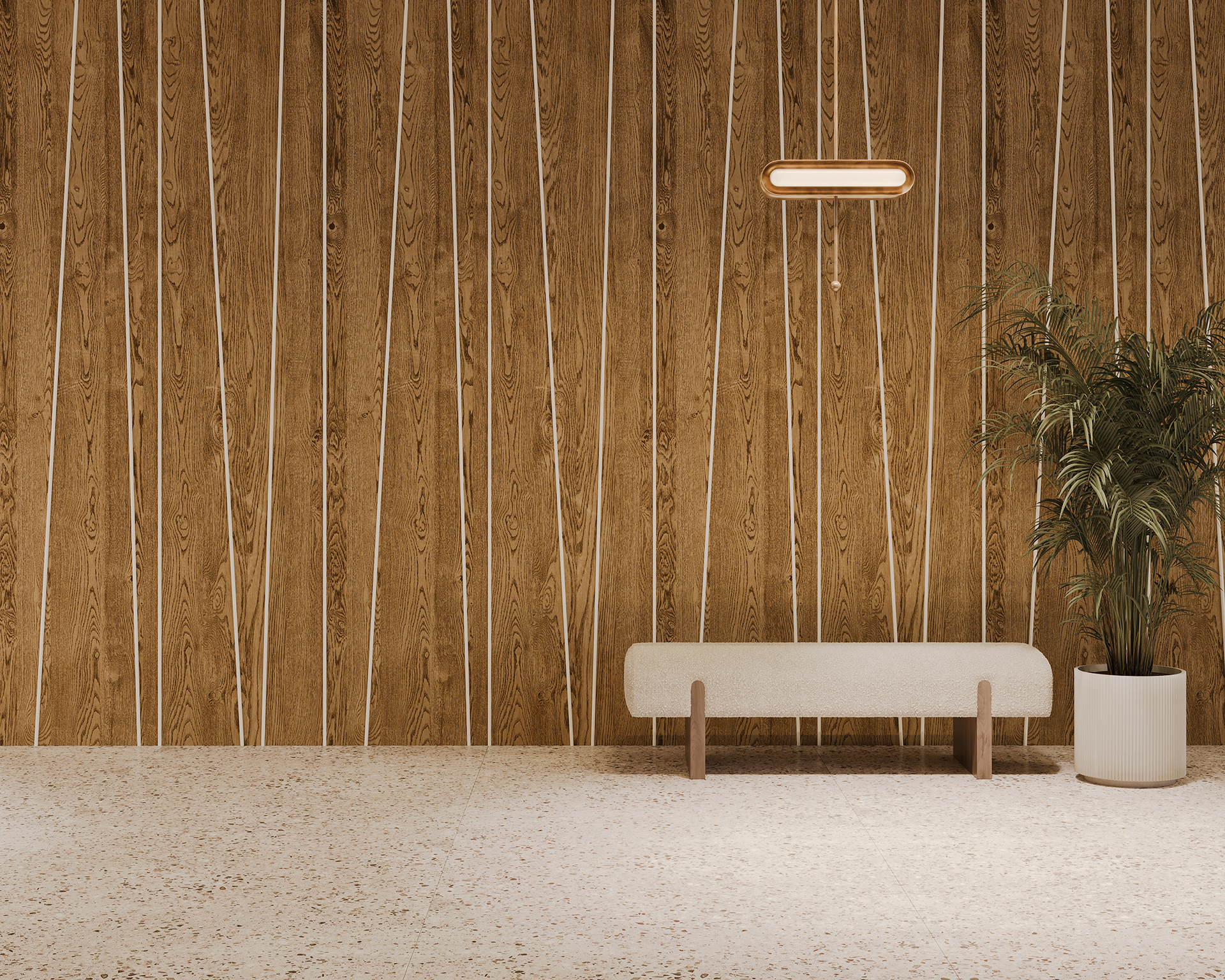 A minimalist interior with a long beige bench against a woodgrain acoustic felt wall featuring vertical patterns. A cylindrical pendant light hangs above, and a potted plant sits on the right. The floor is covered with a light terrazzo pattern.