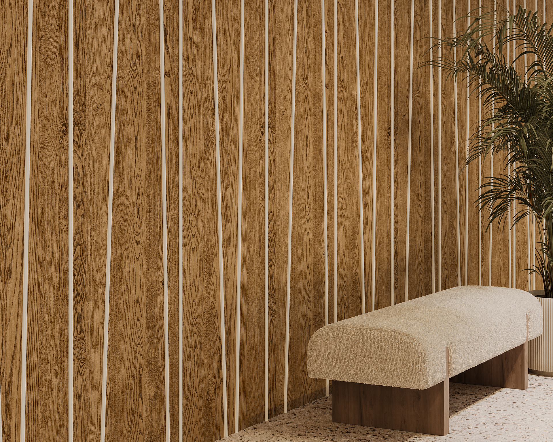 A minimalist room features a woodgrain slat acoustic felt wall with vertical stripes, a cushioned bench in the foreground with a wooden base, and a tall potted plant in the corner on a speckled terrazzo floor.